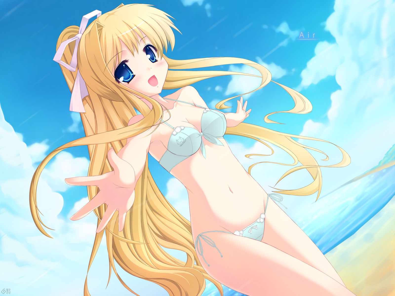 natsumiya yuzu, kamio misuzu, air (visual novel), highres, 00s, 1girl, beach, bikini, blonde hair, blue eyes, bow, day, female focus, hair bow, long hair, lowleg, lowleg bikini, outdoors, ponytail, side-tie bikini bottom, solo, swimsuit, very long hair, white bikini