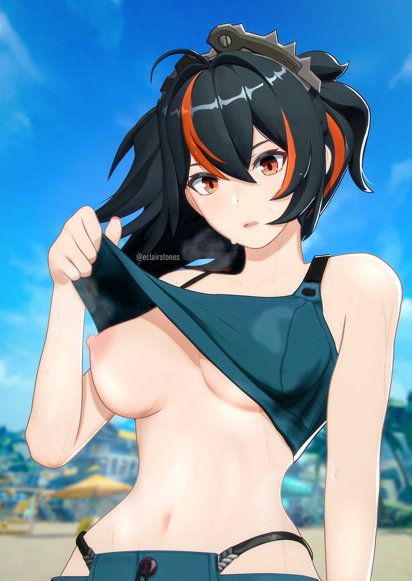 dab neko, eclairstones, zhu yuan, zenless zone zero, blender (medium), commentary, english commentary, highres, photoshop (medium), 1girl, artist name, beach, bikini, bikini top lift, black hair, blue sky, blurry, blurry background, breasts, clothes lift, cloud, large breasts, multicolored hair, navel, nipples, outdoors, parted lips, ponytail, red hair, red streaks, sky, streaked hair, sweat, swimsuit, twitter username, two-tone hair, upper body