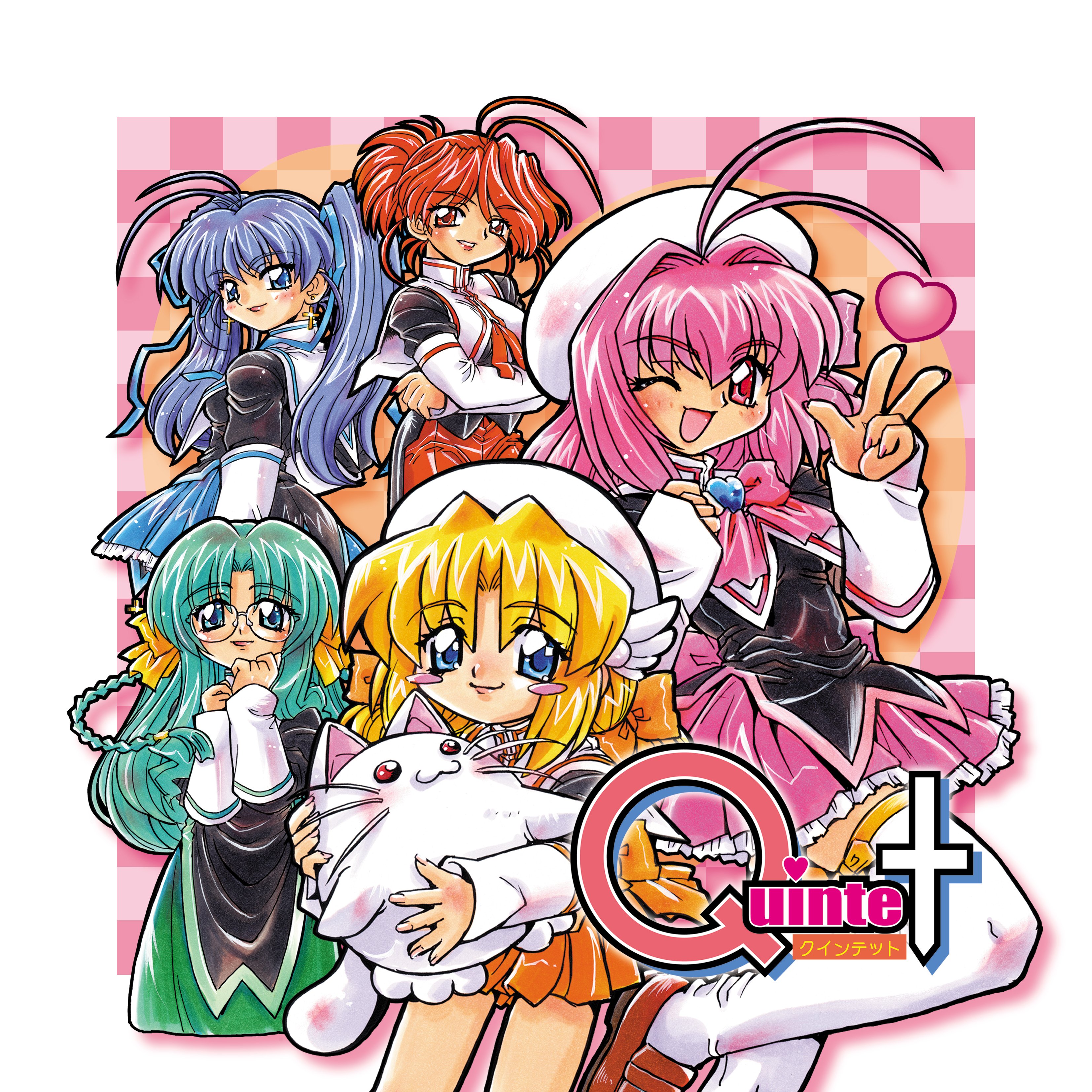 kokomahi, absurdres, commentary request, highres, official art, 5girls, :3, animal, antenna hair, arm warmers, beret, black eyes, black shirt, blonde hair, blue eyes, blue hair, blue ribbon, blue skirt, bow, bowtie, braid, breasts, brown shoes, cat, copyright name, cross, cross earrings, crossed arms, earrings, glasses, green hair, green skirt, hair bow, hair intakes, hair ribbon, hands up, hat, heart, hinagiku (quintet), holding, holding animal, holding cat, jewelry, karin (quintet), kasumi (quintet), latin cross, loafers, long hair, looking at viewer, low twintails, medium breasts, medium hair, momo (quintet), multiple girls, one eye closed, orange bow, orange skirt, pelvic curtain, pink bow, pink bowtie, pink eyes, pink hair, pink skirt, ponytail, puritan collar, quintet (drama cd), ranko (quintet), red eyes, red hair, red ribbon, red skirt, ribbon, school uniform, shirt, shoes, short hair, short ponytail, short twintails, skirt, standing, standing on one leg, thighhighs, twintails, w, white arm warmers, white cat, white hat, white thighhighs, wing hat ornament, yellow bow