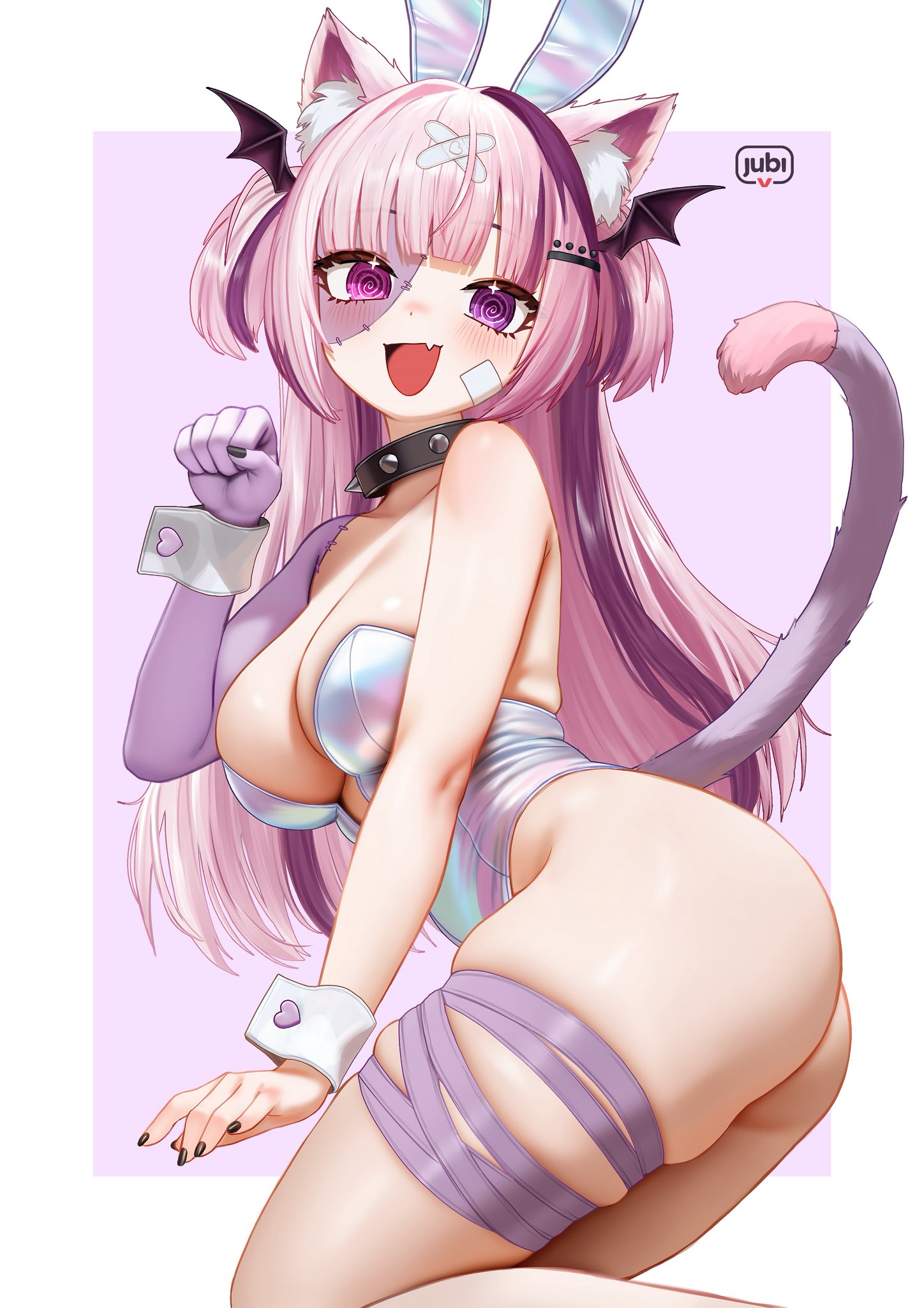 regiana (jubi), indie virtual youtuber, commission, highres, second-party source, 1girl, @ @, animal ears, artist logo, ass, bandaid, bandaid hair ornament, bandaid on cheek, bandaid on face, bare arms, bare legs, black choker, black nails, blunt bangs, border, breasts, cat ears, cat girl, cat tail, choker, cleavage, clenched hand, fake animal ears, fang, feet out of frame, hair ornament, hair wings, hand up, happy, heterochromia, holographic clothing, kneeling, leg ribbon, leotard, light blush, logo, long hair, looking at viewer, medium breasts, nail polish, open mouth, outside border, paw pose, pawshies (vtuber), pink eyes, pink hair, purple background, purple eyes, purple hair, purple ribbon, ribbon, smile, solo, spiked choker, spikes, star (symbol), star in eye, stitched arm, stitched face, stitches, strapless, strapless leotard, symbol in eye, tail, thigh ribbon, thighs, turning around, two side up, very long hair, white border, white leotard, white wrist cuffs, wrist cuffs, x hair ornament