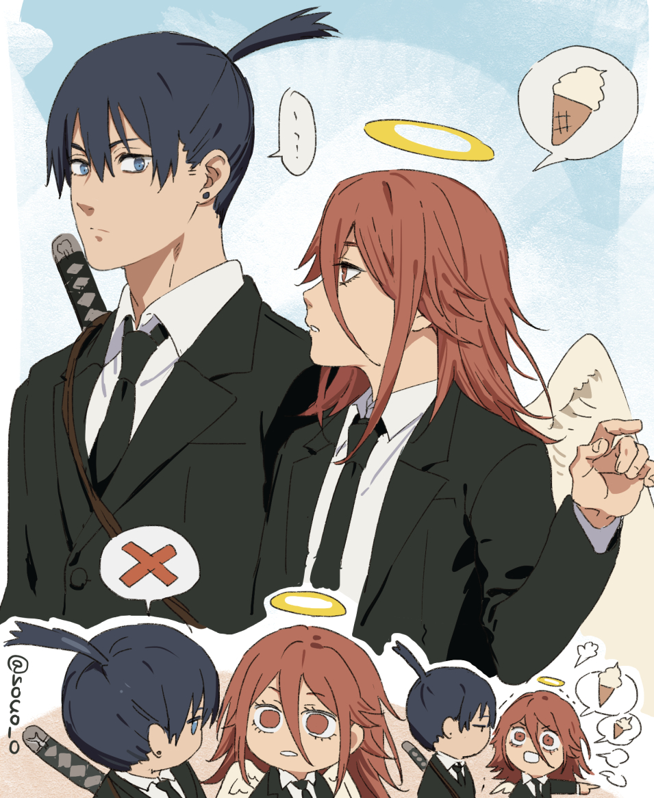 soul (tamashii), angel devil (chainsaw man), hayakawa aki, chainsaw man, commentary request, 2boys, angel, angel wings, black hair, black jacket, black necktie, collared shirt, earrings, hair between eyes, halo, jacket, jewelry, long hair, male focus, multiple boys, necktie, shirt, short hair, spoken x, suit jacket, topknot, traditional halo, twitter username, weapon, weapon on back, white shirt, white wings, wings