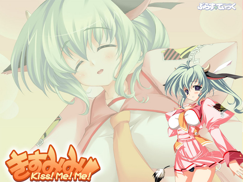 yuuki hagure, makiba ushio, kiss me me!, animal ears, blue eyes, blush, cow ears, cow girl, green hair, smile