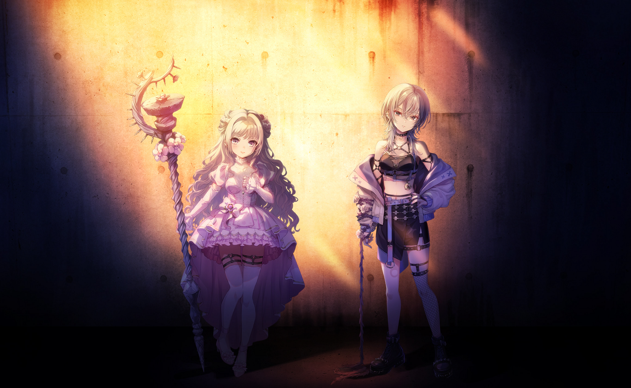 mahou shoujo madoka magica, mahou shoujo madoka magica magia exedra, artist request, game cg, highres, official art, 2girls, against wall, ankle bow, ankle ribbon, arm belt, asymmetrical skirt, bare shoulders, belt, black belt, black boots, black choker, black skirt, black tube top, boots, bow, breasts, bullet hole, chest belt, choker, cleavage, closed mouth, collarbone, detached sleeves, dot nose, double bun, dress, expressionless, flats, flower, frilled choker, frilled dress, frilled sleeves, frills, full body, grey eyes, grey hair, hair between eyes, hair bun, hair intakes, hand on own chest, hand on own hip, happy, high heel boots, high heels, higure fuka, holding, holding staff, jacket, jacket partially removed, knees, leg belt, light blush, light frown, light rays, long hair, long sleeves, magical girl, midriff, miniskirt, multiple girls, navel, o-ring, o-ring belt, outdoors, pencil skirt, pink flower, pink rose, pink sleeves, plant, puffy long sleeves, puffy short sleeves, puffy sleeves, purple belt, purple dress, purple eyes, purple jacket, ribbon, rose, shoes, short dress, short hair with long locks, short sleeves, side slit, sidelocks, skirt, sleeves past wrists, smile, staff, standing, strapless, studded choker, studded footwear, sunlight, sunset, tailcoat, thigh belt, thigh strap, thighhighs, too many, too many belts, tube top, very long hair, vignetting, vines, wavy hair, white bow, white choker, white hair, white shoes, white thighhighs, yoake sumire