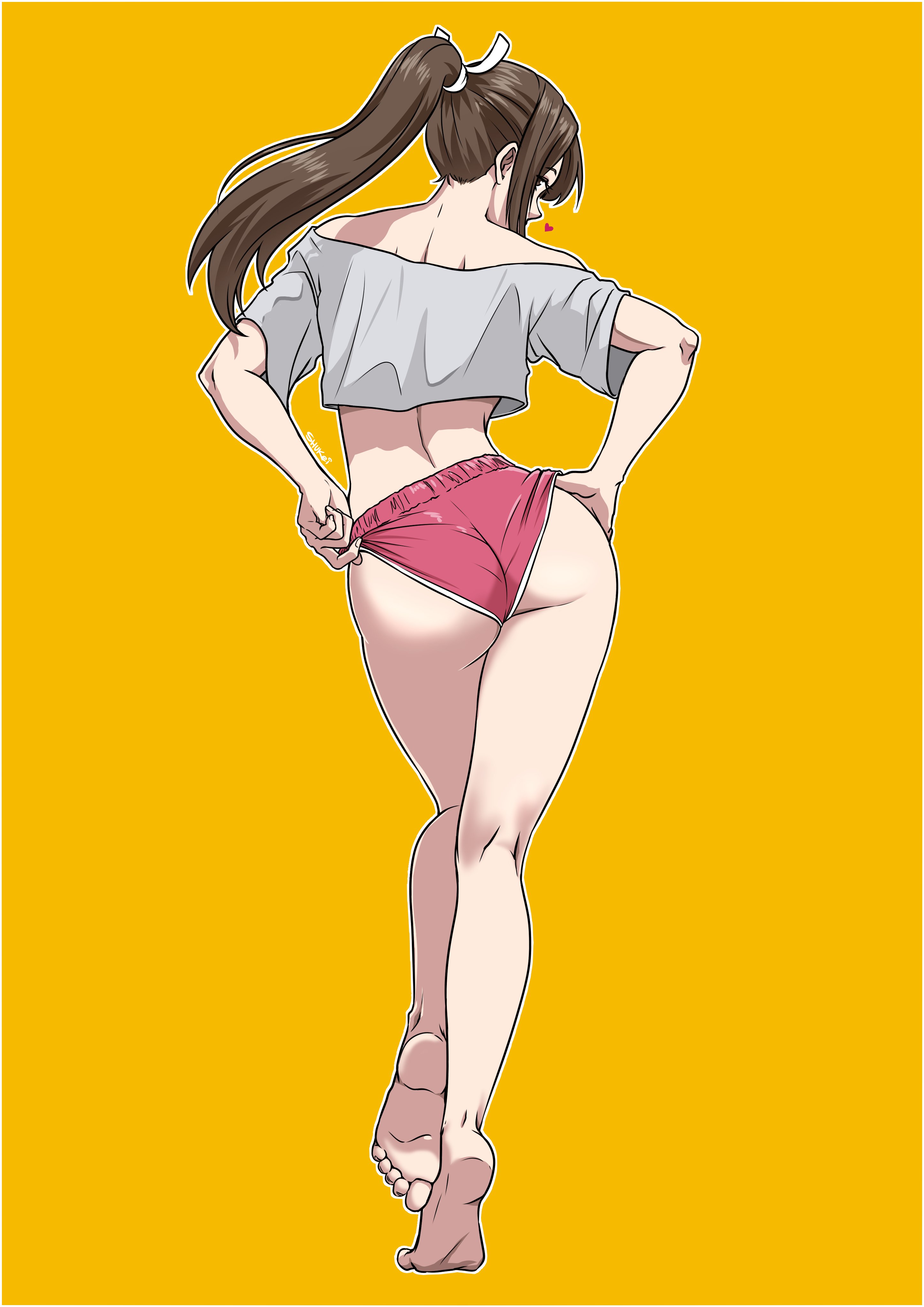 shukeiart, shiranui mai, the king of fighters, absurdres, highres, 1girl, ass, brown hair, from behind, grey shirt, off shoulder, ponytail, red shorts, shirt, shorts, simple background, solo, yellow background