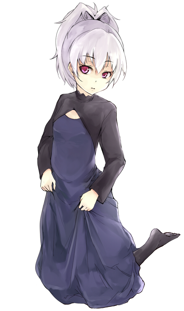mune, yin (darker than black), darker than black, silver hair, 00s, 1girl, blue dress, dress, female focus, flat chest, kneeling, pantyhose, red eyes, solo
