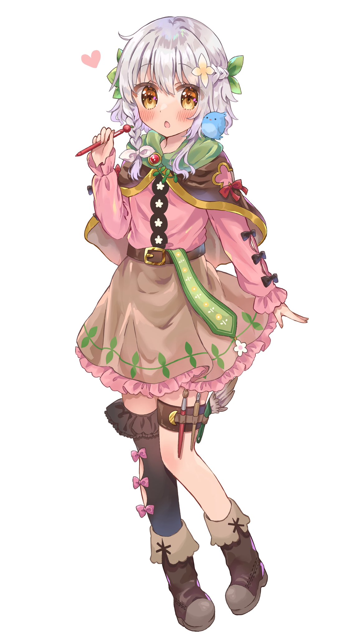 yuno (suke yuno), yuno-chan (yuno (suke yuno)), original, commentary, highres, 1girl, :o, animal, animal on shoulder, arm at side, asymmetrical legwear, belt, bird, bird on shoulder, black boots, black bow, black thighhighs, blush, boots, bow, bow legwear, braid, brown belt, brown cape, brown skirt, cape, eyes visible through hair, flower, frilled skirt, frilled sleeves, frilled thigh strap, frills, full body, green bow, grey hair, hair between eyes, hair bow, hair flower, hair ornament, half up braid, hand up, heart, high-waist skirt, holding, holding pen, long sleeves, looking at viewer, mismatched legwear, open mouth, pen, pink bow, pink shirt, red bow, shirt, short hair with long locks, side braid, simple background, single thighhigh, skirt, sleeve bow, solo, standing, thigh strap, thighhighs, white background, white bow, yellow eyes, yellow flower, zettai ryouiki