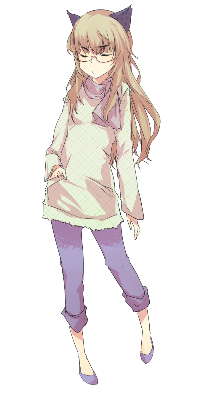 mune, perrine h. clostermann, strike witches, world witches series, highres, 00s, 1girl, animal ears, blonde hair, casual, closed eyes, female focus, flats, glasses, hand on own hip, hip focus, long hair, pout, simple background, solo