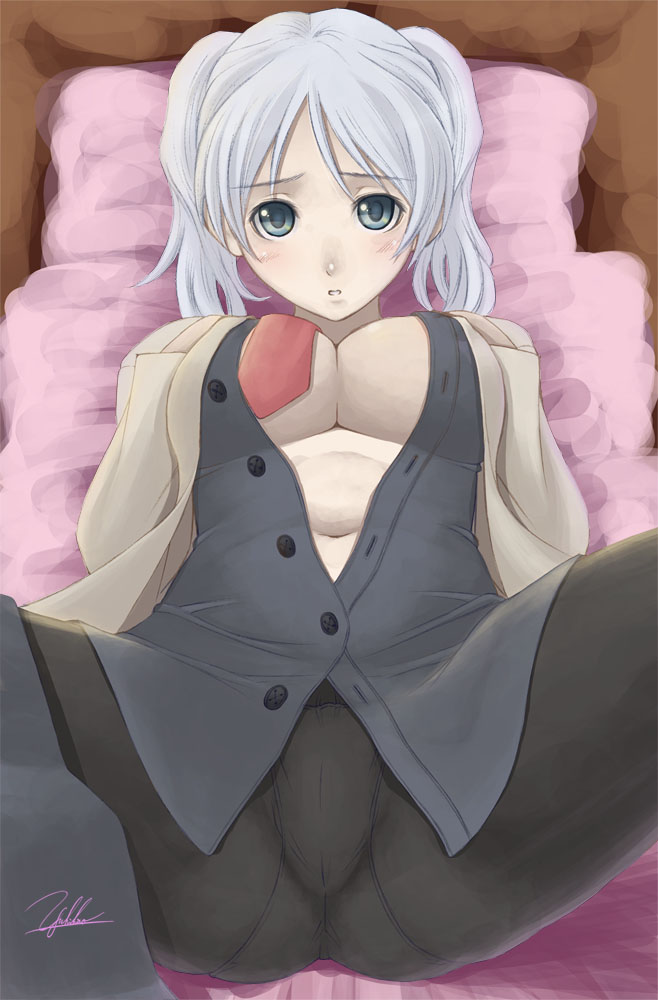 yukihiro, kamiyama sakuya, candy boy, original, crotch, 00s, 1girl, black pantyhose, blue eyes, blush, breasts, female focus, large breasts, lying, navel, necktie, open clothes, open shirt, panties, panties under pantyhose, pantyhose, school uniform, shirt, short hair, signature, solo, spread legs, twintails, underwear, white hair