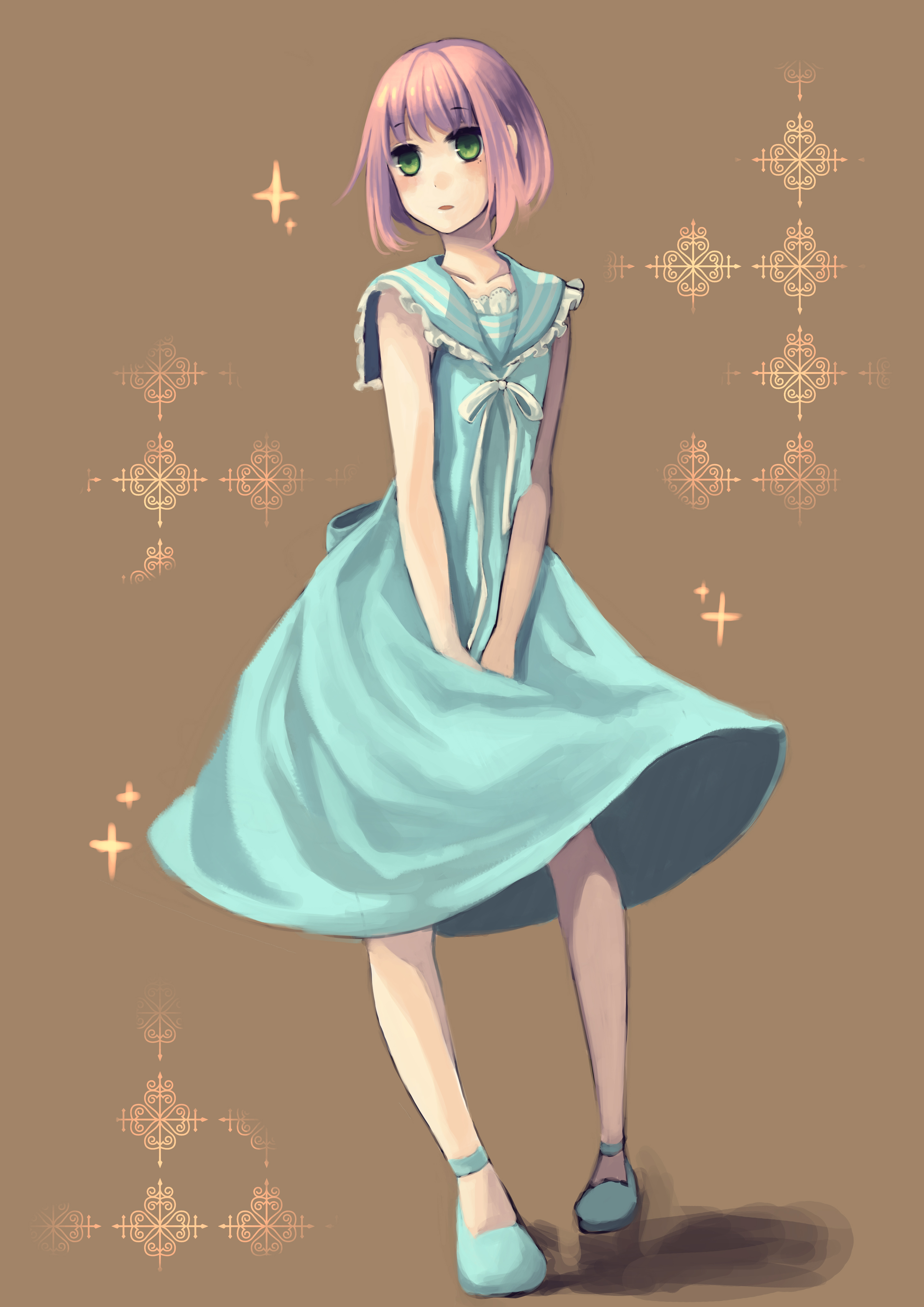suguri (neroli), original, absurdres, bad id, bad pixiv id, highres, 1girl, dress, female focus, green eyes, pink hair, solo