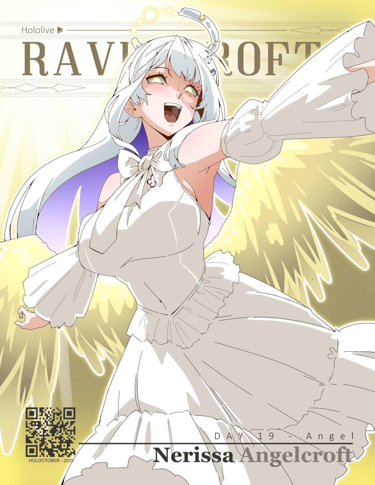 joeboto, nerissa ravencroft, hololive, hololive english, commentary, english commentary, highres, 1girl, alternate color, alternate costume, alternate eye color, alternate form, alternate hair color, alternate hairstyle, angel, armpits, bow, breasts, detached sleeves, dress, english text, frilled dress, frilled sleeves, frills, halo, large breasts, mole, mole under eye, solo, upper body, white dress, yellow wings