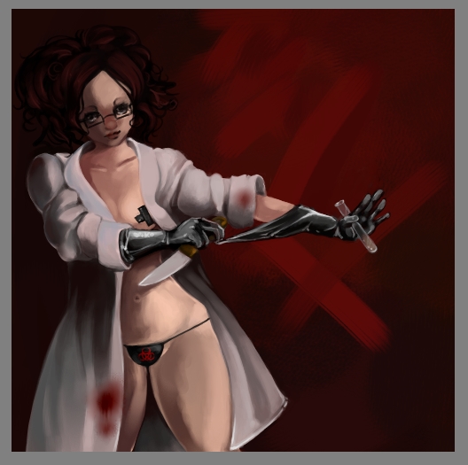 artist request, character request, source request, 1girl, female focus, gloves, knife, lowleg, lowleg panties, panties, pasties, scientist, solo, tape, tape on nipples, underwear