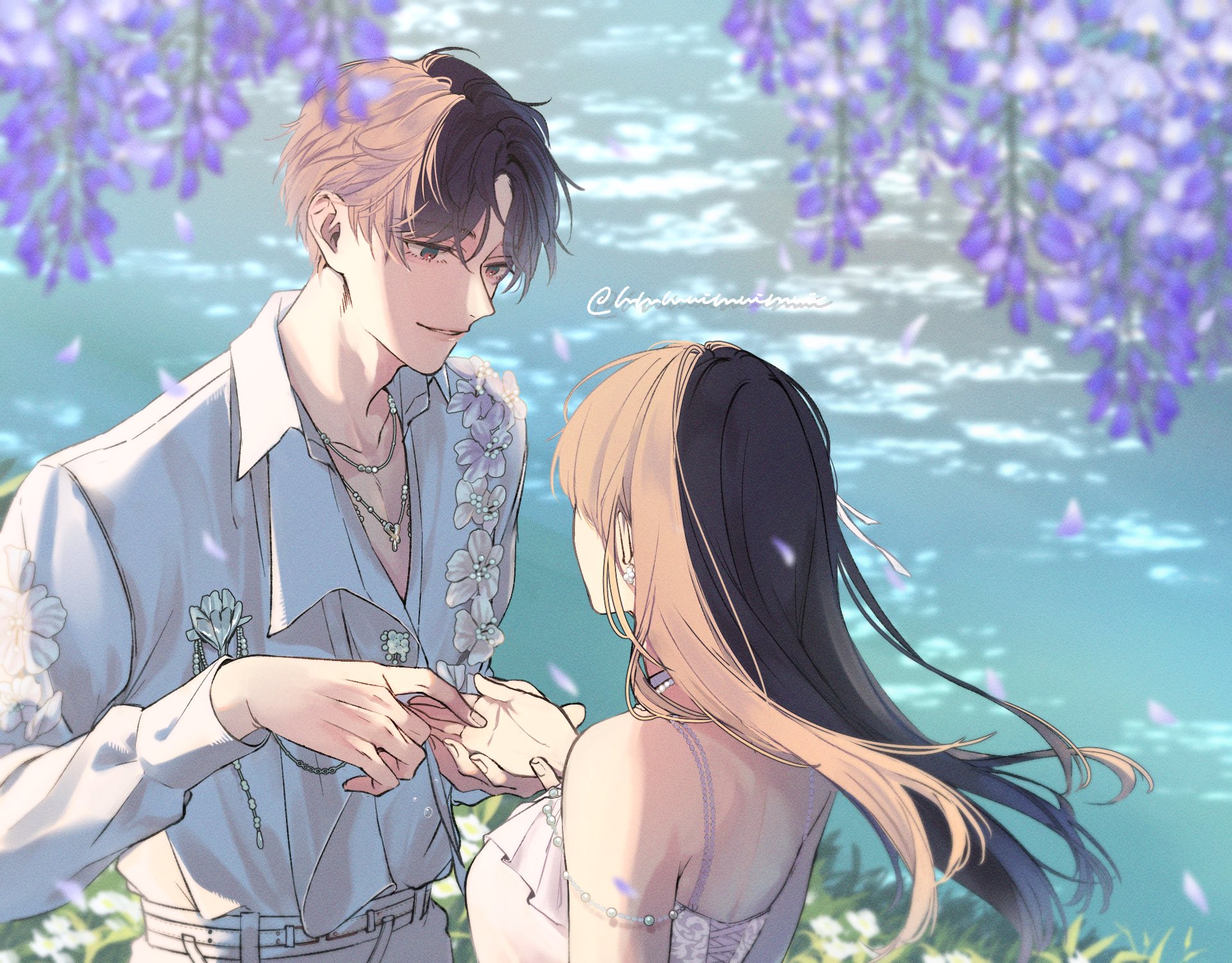 protagonist (love and deepspace), rafayel (love and deepspace), love and deepspace, highres, 1boy, 1girl, black hair, blue flower, breasts, choker, collared shirt, couple, dress, flower, hetero, holding hands, long hair, looking at another, medium breasts, mmmuimuimui, multiple necklaces, parted bangs, parted lips, purple hair, ribbon choker, shirt, short hair, sleeveless, sleeveless dress, smile, twitter username, upper body, white dress, white shirt