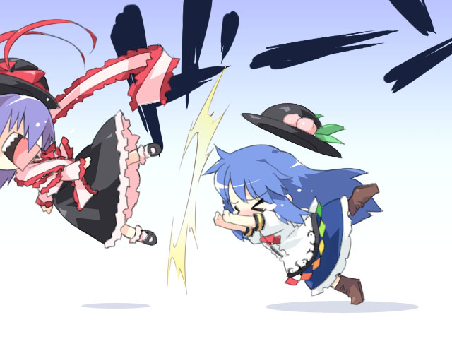 petenshi (dr. vermilion), hinanawi tenshi, nagae iku, touhou, 2girls, blue hair, chibi, female focus, food, frills, fruit, gameplay mechanics, hat, leaf, milestone celebration, multiple girls, peach, pushing, shawl, unworn hat, unworn headwear