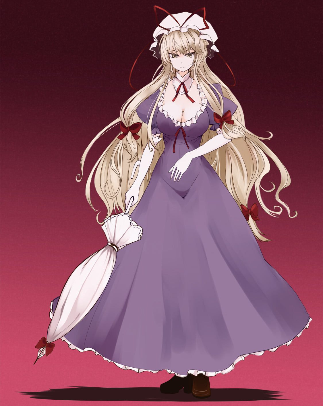 takaharu, yakumo yukari, touhou, highres, 1girl, blonde hair, breasts, cleavage, elbow gloves, female focus, gloves, hair ribbon, hat, large breasts, long hair, parasol, red background, ribbon, solo, umbrella