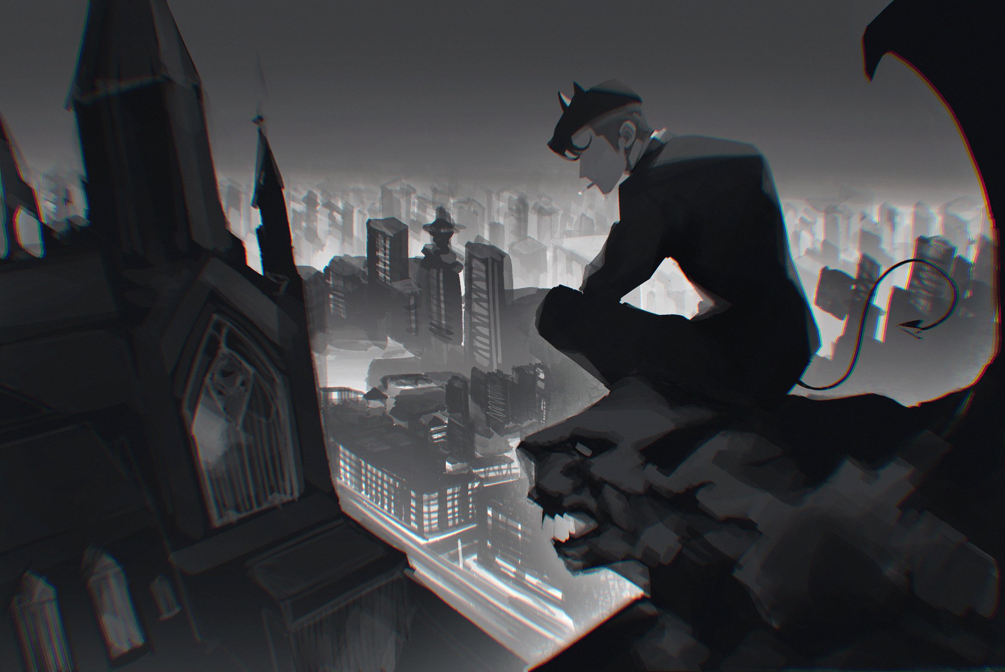siiar (lvlcmxcix), original, commentary, highres, 1boy, cigarette, city, cityscape, demon boy, demon horns, demon tail, faceless, faceless male, greyscale, horns, jacket, male focus, monochrome, mouth hold, night, outdoors, short hair, sitting, solo, tail