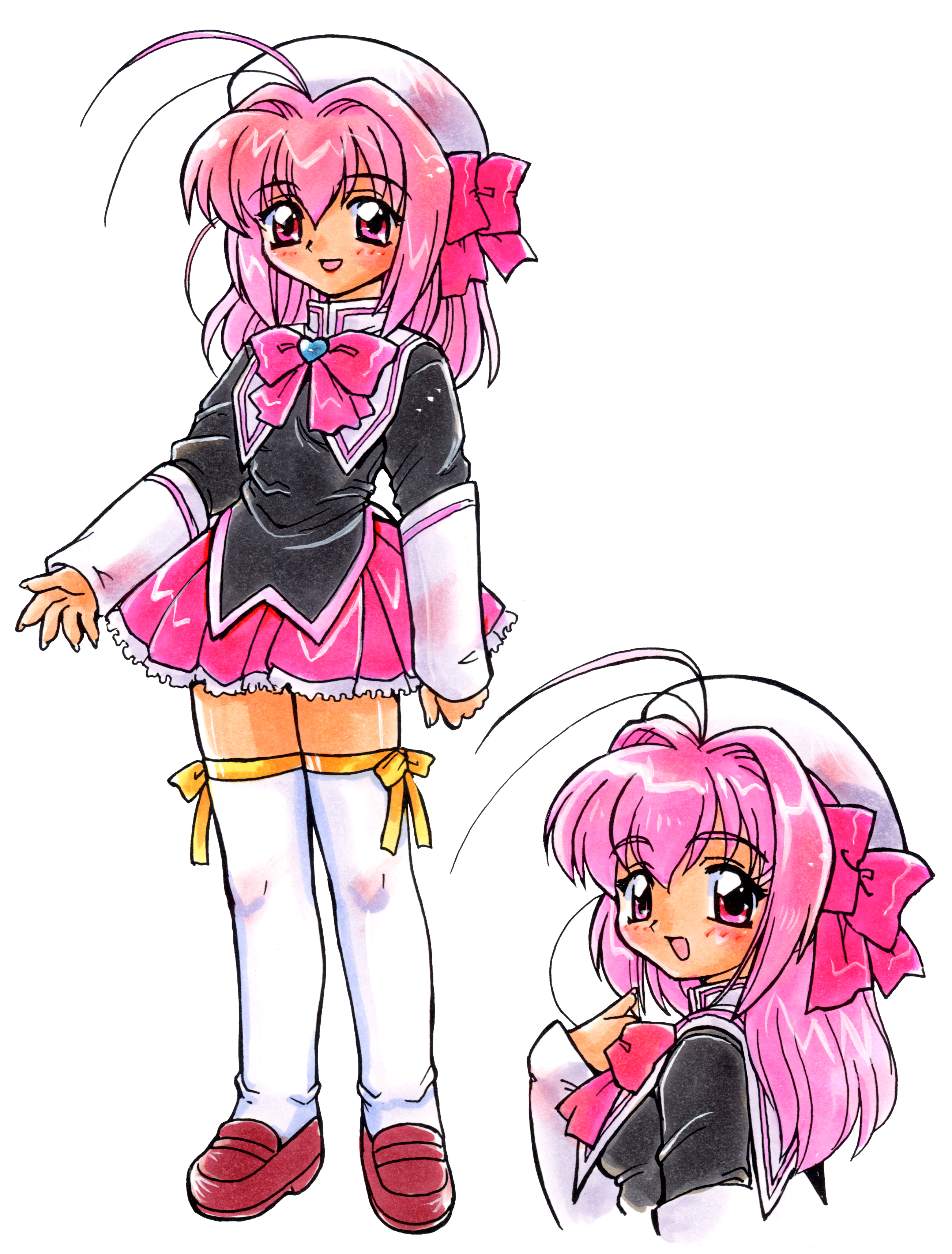 kokomahi, absurdres, commentary request, highres, official art, 1girl, antenna hair, arm warmers, beret, black shirt, bow, bowtie, brown shoes, cropped torso, from side, full body, hair bow, hair intakes, hand up, hat, heart, loafers, looking at viewer, medium hair, momo (quintet), multiple views, open mouth, pink bow, pink bowtie, pink eyes, pink hair, pink skirt, pleated skirt, puritan collar, quintet (drama cd), school uniform, shirt, shoes, simple background, skirt, smile, standing, thighhighs, turning head, white arm warmers, white background, white hat, white thighhighs, yellow bow, zettai ryouiki