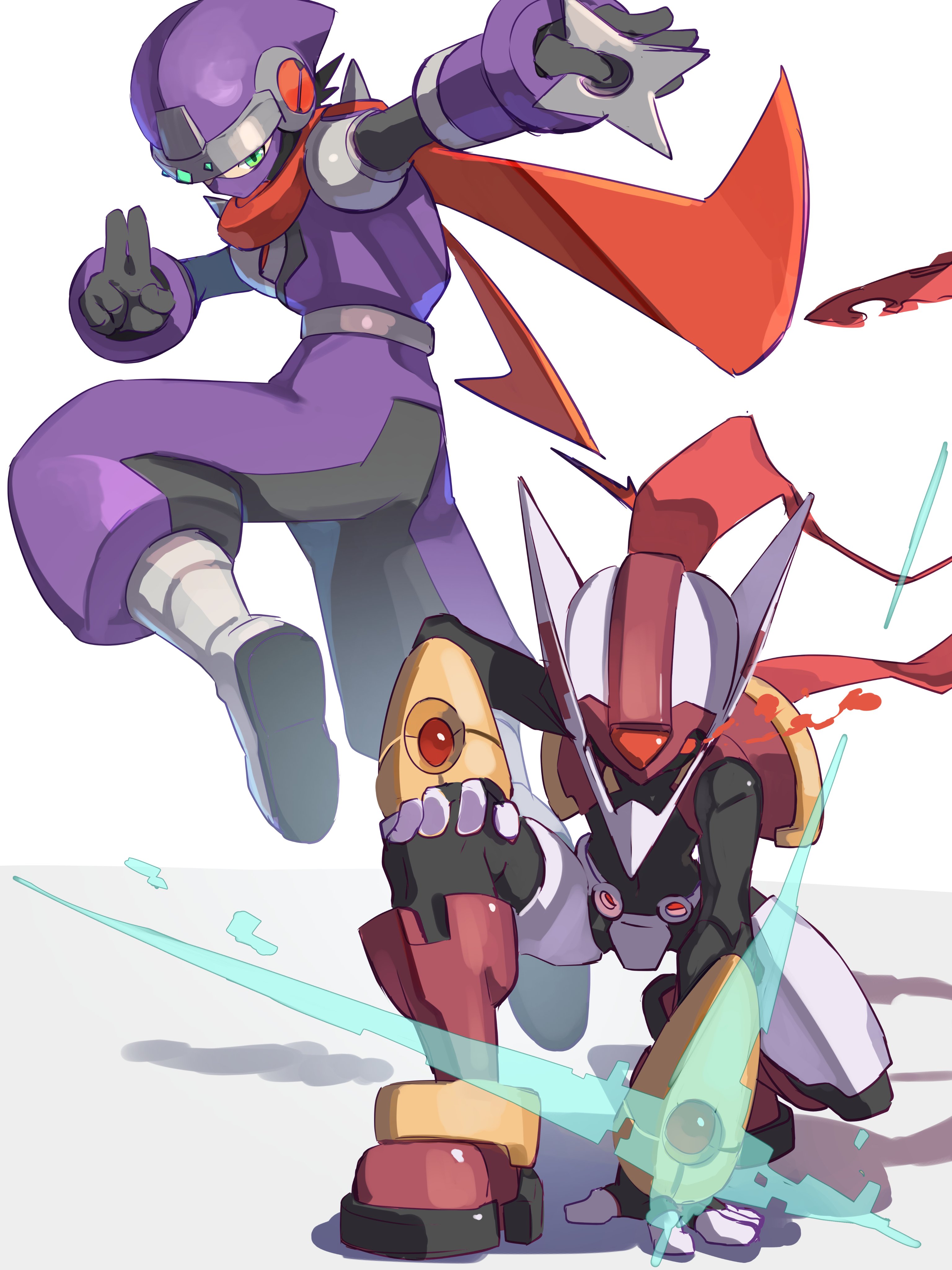 omochi (mochi skymega), model p (mega man), siarnaq (mega man), mega man (series), mega man battle network (series), mega man zx, mega man zx advent, absurdres, highres, 2boys, armor, double soul (mega man), forehead jewel, full body, helmet, in-franchise crossover, kuji-in, male focus, multiple boys, ninja, pants, purple armor, purple helmet, purple pants, purple shirt, red scarf, scarf, shadowman.exe, shirt, shuriken, simple background, weapon, white background