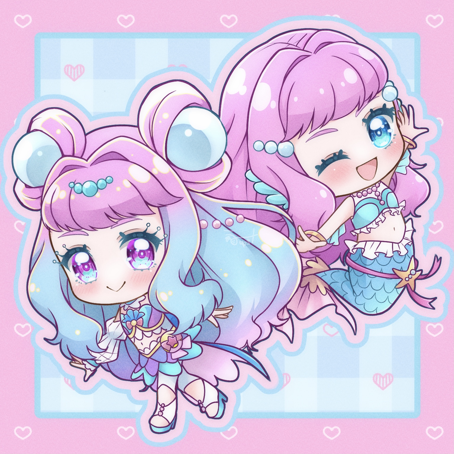 umiyuki (umi chu), cure la mer, laura la mer, precure, tropical-rouge! precure, highres, 2girls, aqua eyes, aqua hair, arm up, blush, bracelet, chibi, chibi only, closed mouth, crop top, deformed, gradient eyes, gradient hair, jewelry, layered skirt, long hair, long sleeves, looking at viewer, magical girl, mermaid, monster girl, multicolored eyes, multicolored hair, multiple girls, navel, one eye closed, open mouth, pantyhose, pearl hair ornament, pink eyes, pink hair, sandals, skirt, smile, stomach, very long hair, white pantyhose, white sleeves