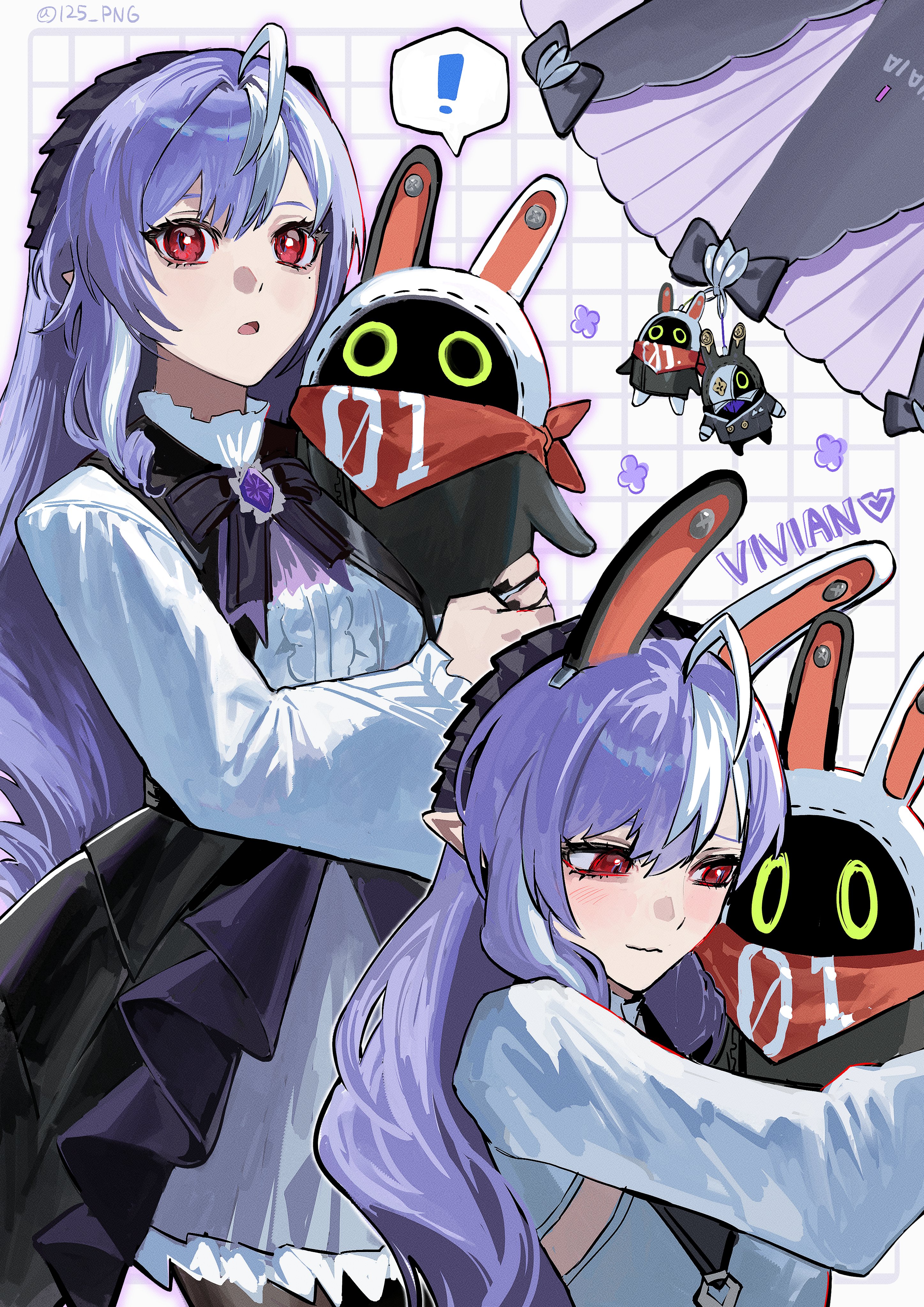 nongxy nonshi, bangboo (zenless zone zero), eous (zenless zone zero), robin (zenless zone zero), vivian banshee, zenless zone zero, absurdres, hashtag-only commentary, highres, !, 1girl, 1other, animal ears, ascot, bandana, bandana around neck, black nails, black pantyhose, blush, bow, bowtie, breast curtains, center frills, character name, charm (object), checkered background, closed mouth, drill hair, fake animal ears, frills, gem, hair between eyes, hairband, heart, hug, hugging object, long hair, mole, mole under eye, open mouth, orange bandana, pantyhose, pointy ears, purple ascot, purple bow, purple bowtie, purple gemstone, purple hair, purple hairband, purple umbrella, red eyes, shrug (clothing), sideboob cutout, spoken exclamation mark, umbrella, white shrug