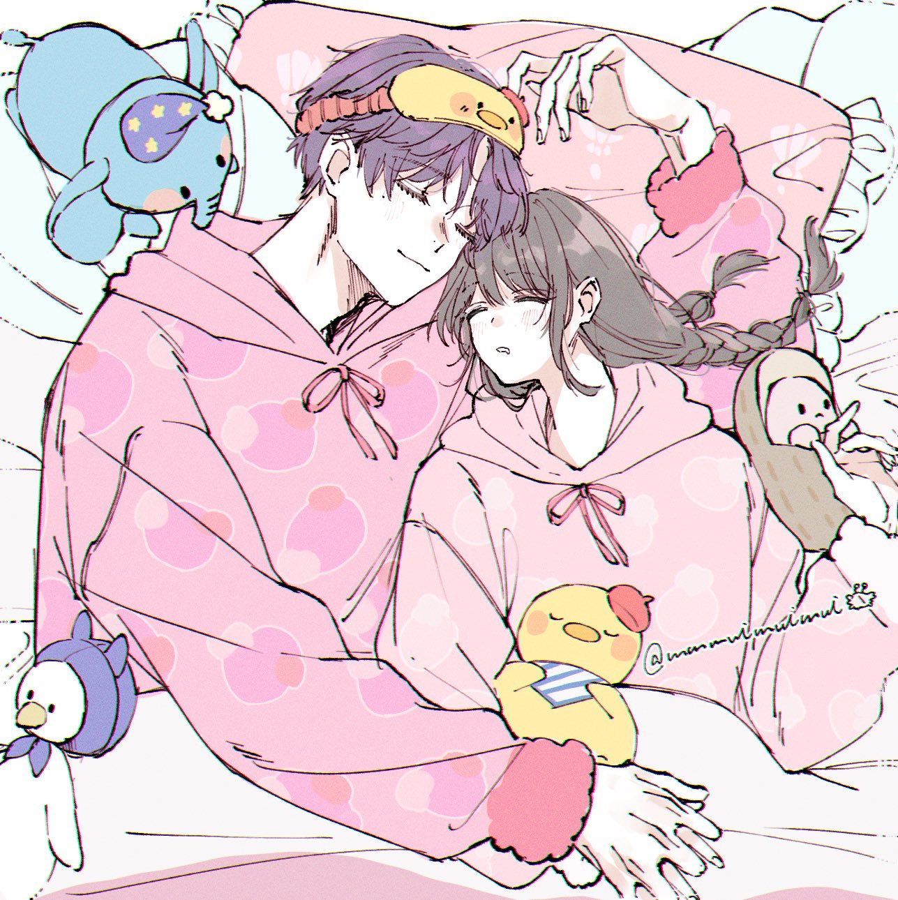 protagonist (love and deepspace), rafayel (love and deepspace), love and deepspace, highres, 1boy, 1girl, arm around shoulder, beret, bird, braid, brown hair, closed eyes, couple, drooling, elephant, hair between eyes, hat, hetero, holding hands, hood, hood down, hoodie, interlocked fingers, long hair, mmmuimuimui, mouth drool, nightcap, parted bangs, parted lips, pink hoodie, purple hair, red hat, short hair, sleep mask, smile, stuffed animal, stuffed toy, twin braids, twitter username, under covers, upper body
