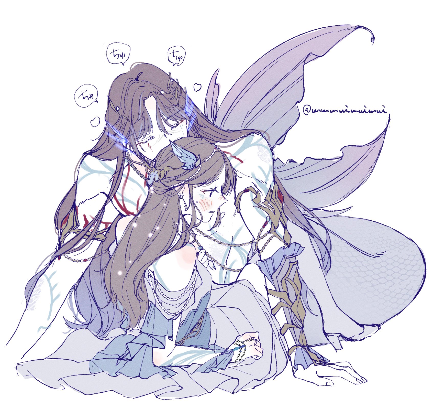 protagonist (love and deepspace), rafayel (love and deepspace), love and deepspace, highres, 1boy, 1girl, bare shoulders, blush, body markings, bridal gauntlets, closed eyes, couple, fins, fish tail, full body, hair between eyes, hetero, kissing hair, long hair, merman, mmmuimuimui, monster boy, official alternate costume, official alternate hairstyle, parted bangs, parted lips, sweatdrop, tail, topless male, twitter username, vambraces, white background