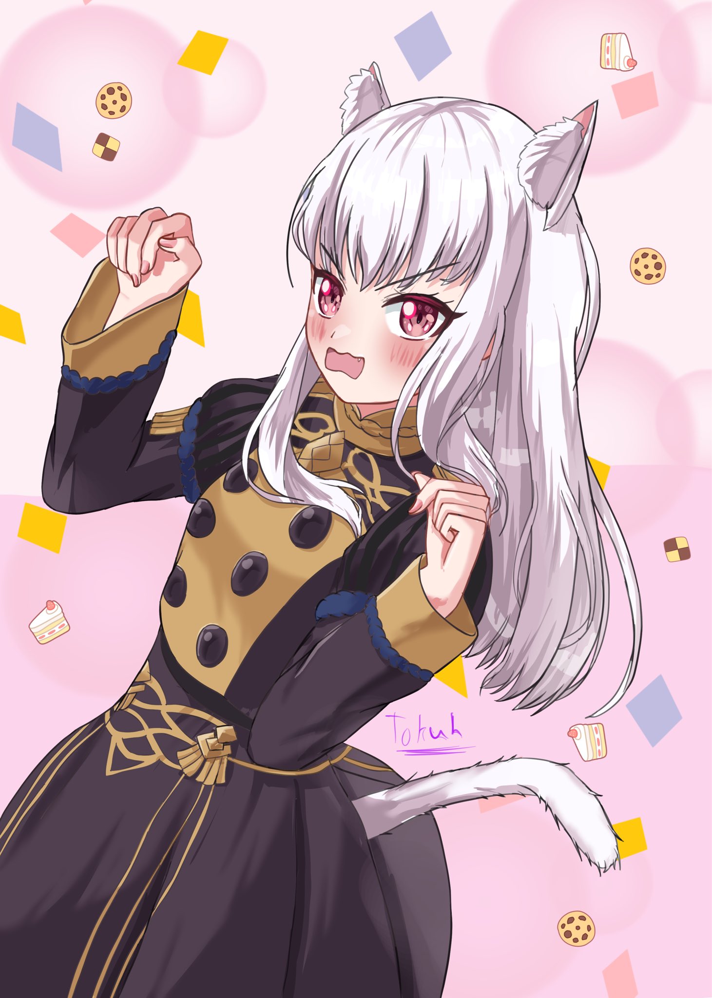 tokuh (toku h ), lysithea von ordelia, fire emblem, fire emblem: three houses, nintendo, highres, 1girl, animal ear fluff, animal ears, blush, breasts, cake, cat ears, cat girl, cat tail, claw pose, cookie, food, garreg mach monastery uniform, long hair, long sleeves, looking at viewer, open mouth, pink eyes, small breasts, solo, tail, white hair