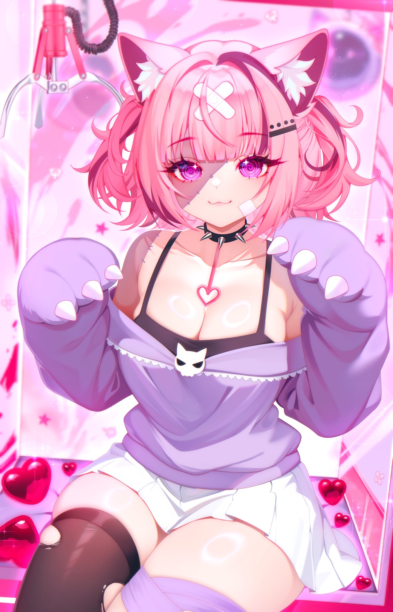 pinji8166, indie virtual youtuber, commission, highres, second-party source, 1girl, :3, @ @, animal ears, bandaid, bandaid hair ornament, bandaid on cheek, bandaid on face, bare shoulders, black choker, black tank top, black thighhighs, blunt bangs, blurry, bob cut, breasts, brooch, cat ears, cat girl, choker, cleavage, closed mouth, collarbone, cowboy shot, cowlick, crane (machine), crane game, depth of field, dutch angle, fewer digits, flipped hair, hair ornament, hairpin, hands up, heart, in crane game, jewelry, large breasts, looking ahead, miniskirt, multicolored hair, off-shoulder sweater, off shoulder, paw sleeves, pawshies (vtuber), pink eyes, pink hair, pleated skirt, purple hair, purple sweater, shiny skin, single thighhigh, sitting, skirt, skull brooch, solo, sparkle, spiked choker, spikes, star (symbol), star in eye, stitched arm, stitched face, stitches, streaked hair, sweater, symbol in eye, tank top, thighhighs, torn clothes, torn thighhighs, two side up, white skirt, x hair ornament