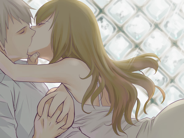 kome (vm500), hungary (hetalia), prussia (hetalia), axis powers hetalia, silver hair, bad id, bad pixiv id, 00s, 1boy, 1girl, breasts, brown hair, closed eyes, couple, deep skin, dress, grabbing another's breast, grabbing another's chin, groping, hand on another's chin, hetero, kiss, long hair, white dress