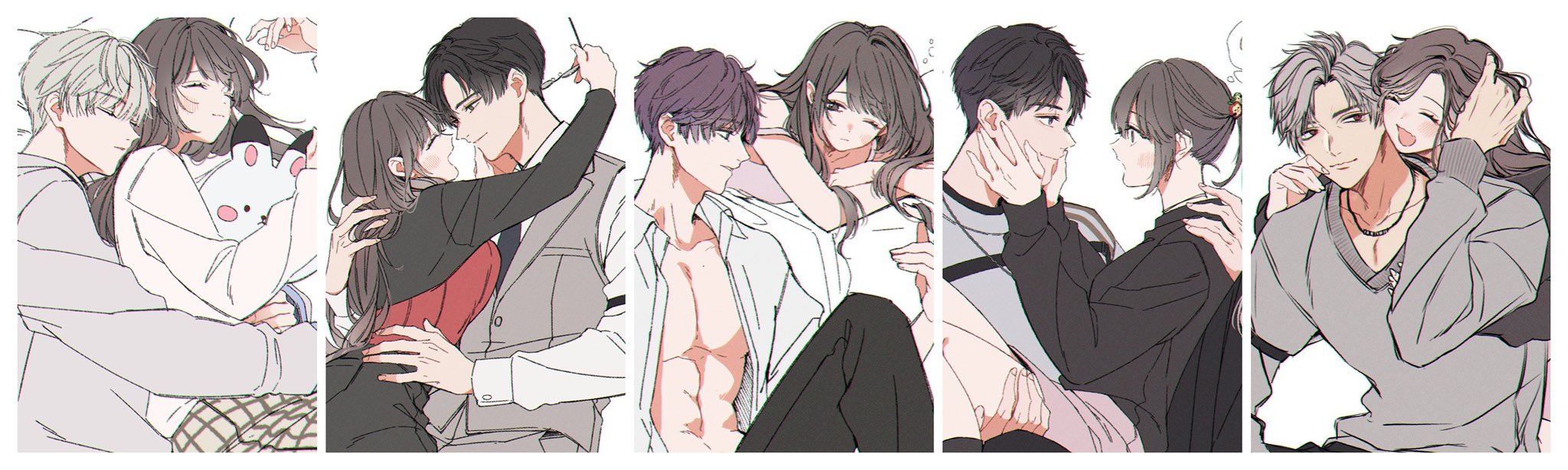 caleb (love and deepspace), protagonist (love and deepspace), rafayel (love and deepspace), sylus (love and deepspace), xavier (love and deepspace), zayne (love and deepspace), love and deepspace, highres, 1girl, 5boys, abs, black hair, black necktie, black pantyhose, black shirt, border, breasts, carrying, closed eyes, closed mouth, collared shirt, grey hair, grey hoodie, grey pants, grey sweater, grey vest, hair between eyes, hand in another's hair, hands on another's cheeks, hands on another's face, holding, holding removed eyewear, hood, hoodie, jacket, jewelry, long hair, long sleeves, looking at another, medium breasts, mmmuimuimui, multiple boys, necklace, necktie, one eye closed, open clothes, open mouth, open shirt, pants, pantyhose, parted bangs, parted lips, pectorals, pink skirt, plaid clothes, plaid skirt, ponytail, princess carry, purple hair, red shirt, shirt, short hair, short sleeves, skirt, smile, stuffed animal, stuffed rabbit, stuffed toy, sweater, unworn eyewear, upper body, vest, waistcoat, white background, white border, white jacket