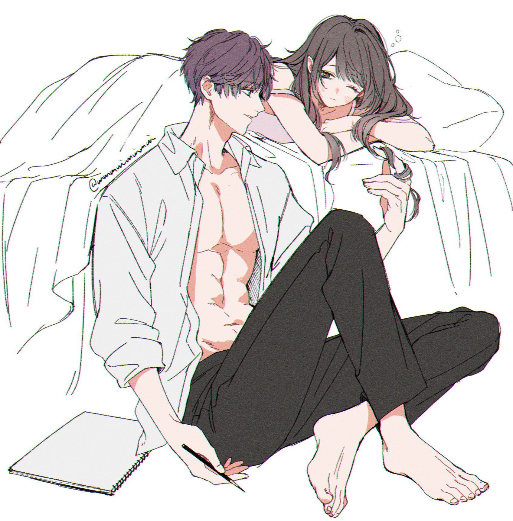 protagonist (love and deepspace), rafayel (love and deepspace), love and deepspace, highres, 1boy, 1girl, abs, barefoot, bed, black pants, brown hair, collared shirt, crossed arms, full body, hand in another's hair, holding, holding pencil, long hair, mmmuimuimui, navel, notebook, one eye closed, open clothes, open shirt, pants, parted lips, pectorals, pencil, pillow, pink shirt, purple hair, shirt, short hair, sitting, strap slip, twitter username, under covers, white background, white shirt