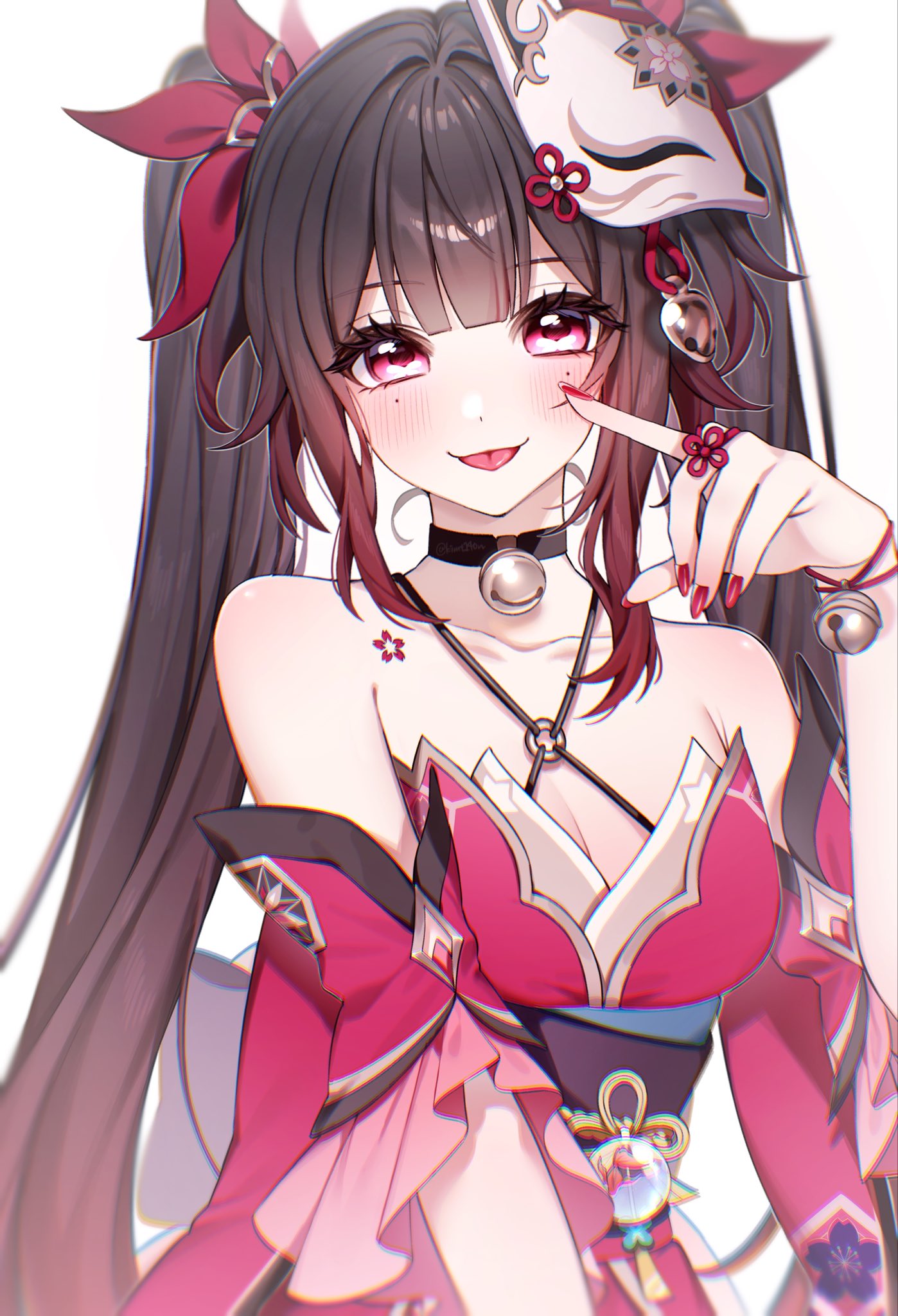 anko (kimt140n), sparkle (honkai: star rail), honkai: star rail, honkai (series), commentary, highres, 1girl, bare shoulders, bell, black choker, black sash, breasts, brown hair, chest tattoo, choker, cleavage, criss-cross halter, detached sleeves, dress, flower tattoo, fox mask, halterneck, long hair, looking at viewer, mark under both eyes, mask, mask on head, neck bell, obi, pink eyes, red dress, red nails, red sleeves, sash, simple background, smile, solo, tattoo, tongue, tongue out, twintails, upper body, white background
