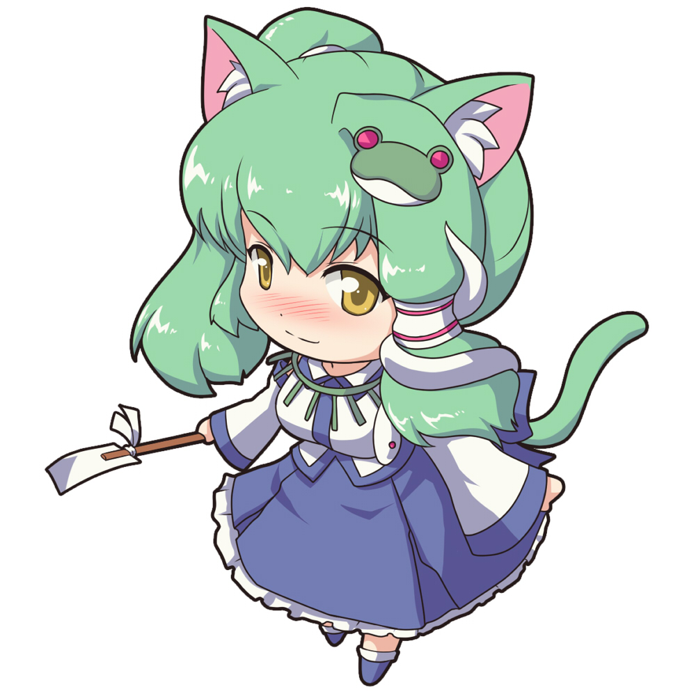 tdk, kochiya sanae, touhou, 1girl, animal ears, blush, cat ears, cat girl, cat tail, chibi, detached sleeves, female focus, frog, gohei, green hair, japanese clothes, kemonomimi mode, oonusa, short hair, simple background, snake, solo, tail, yellow eyes