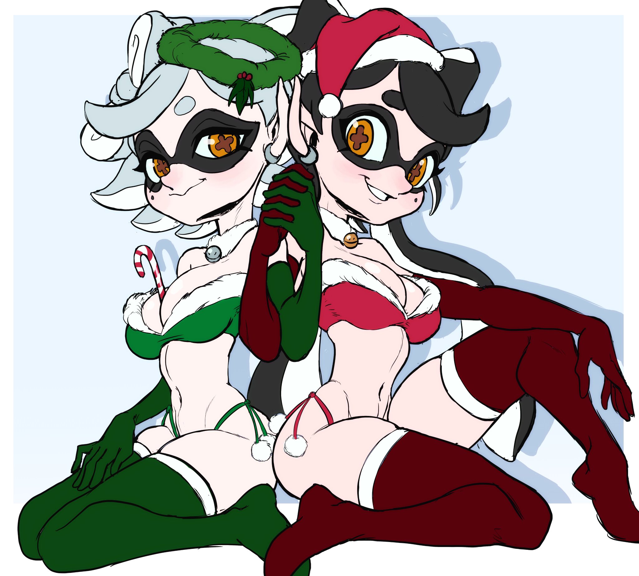 teevo, callie (splatoon), marie (splatoon), nintendo, splatoon (series), splatoon 1, highres, 2girls, back-to-back, bell, bikini, black hair, breasts, candy, candy cane, cephalopod eyes, choker, cleavage, cleft of venus, food, fur trim, hat, holding hands, large breasts, lingerie, looking at viewer, midriff, multiple girls, navel, pointy ears, santa bikini, santa costume, santa hat, side-tie bikini bottom, simple background, sitting, skindentation, squid girl, swimsuit, tentacle hair, thighhighs, underwear, white hair, wreath