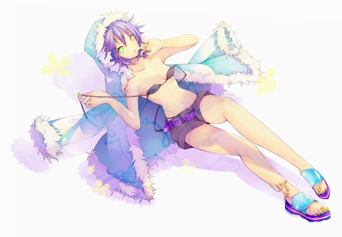 tsujisaki (coa3), tujisaki, original, bad id, bad pixiv id, 1girl, anklet, belt, borrowed character, coat, female focus, flat chest, green eyes, green nails, jewelry, legs, lying, nail polish, purple hair, sandals, short hair, shorts, solo, toe ring, toes