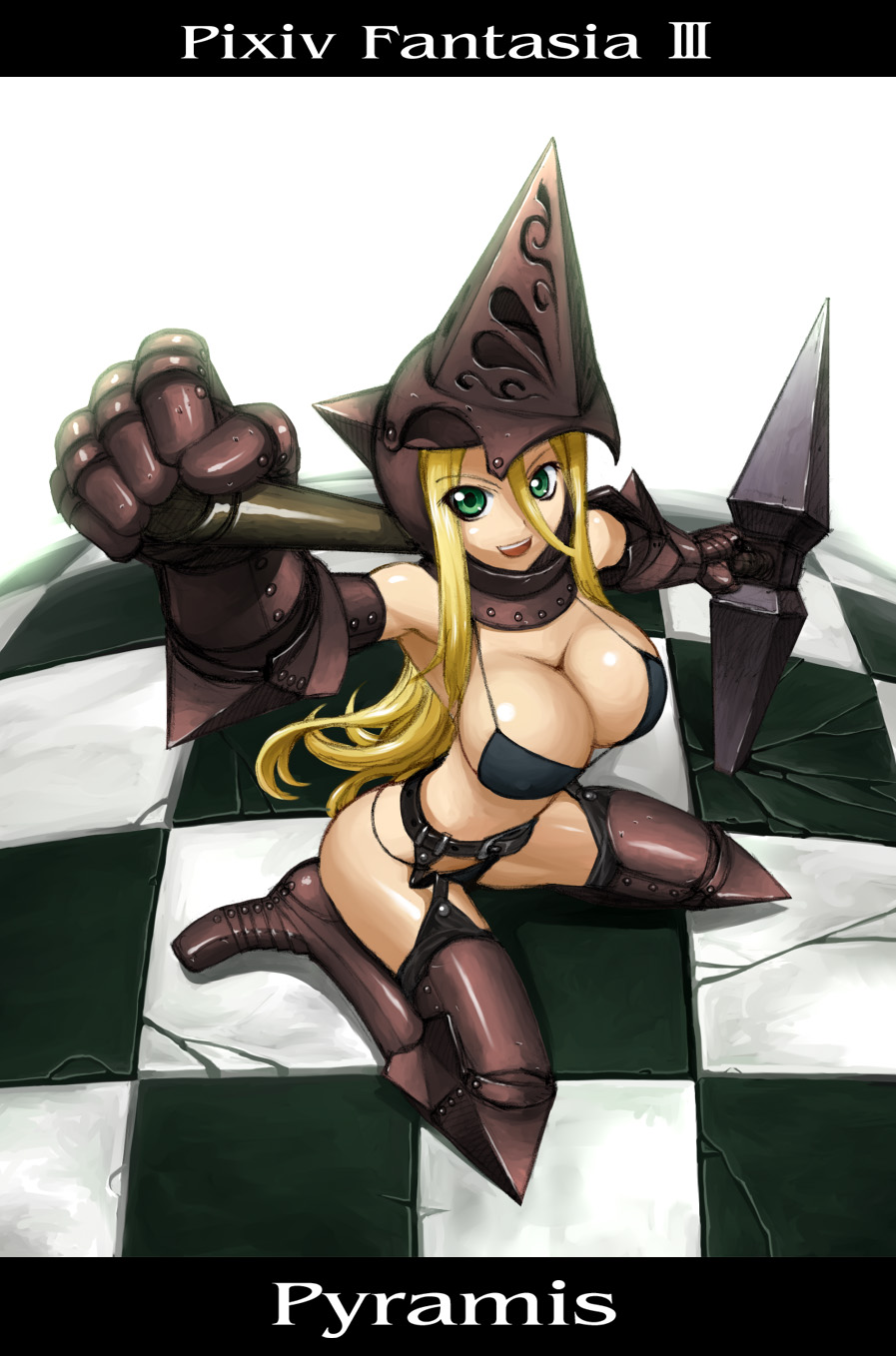okayado, pyramis, pixiv fantasia, pixiv fantasia 3, highres, 1girl, armor, bikini, bikini armor, black bikini, blonde hair, breasts, character name, checkered floor, cleavage, female focus, floor, green eyes, helmet, huge weapon, kneeling, knight, large breasts, long hair, solo, swimsuit, warrior, weapon