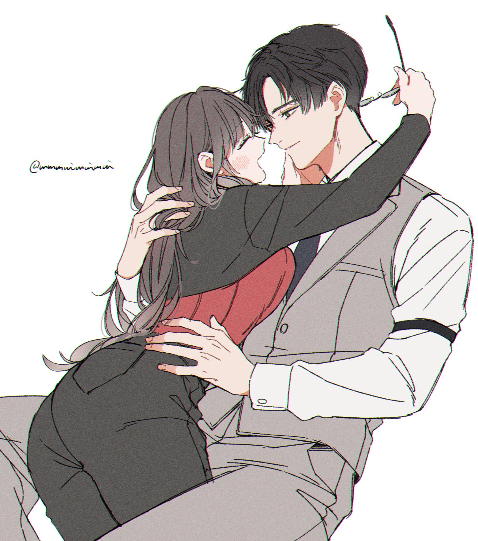 protagonist (love and deepspace), zayne (love and deepspace), love and deepspace, highres, 1boy, 1girl, arm around neck, black hair, black necktie, black pants, black shirt, blush, breasts, brown hair, closed eyes, collared shirt, couple, cowboy shot, grey pants, grey vest, hair between eyes, hand in another's hair, hand on another's cheek, hand on another's face, hand on another's waist, hetero, holding, holding removed eyewear, light smile, long hair, looking at another, medium breasts, mmmuimuimui, necktie, open mouth, pants, parted bangs, red shirt, shirt, shirt under shirt, short hair, sitting, smile, twitter username, unworn eyewear, vest, waistcoat, white background, white shirt
