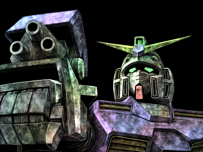 tro (trombe), gundam alex, gundam, gundam 0080, 1980s (style), lowres, gatling gun, gun, mecha, no humans, oldschool, retro artstyle, robot, simple background, solo, weapon