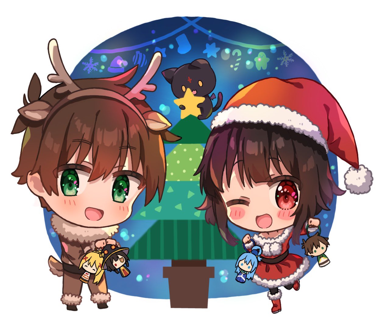 yuno (suke yuno), aqua (konosuba), chomusuke, darkness (konosuba), megumin, satou kazuma, kono subarashii sekai ni shukufuku wo!, commentary, 1boy, 1girl, :d, ;d, alternate costume, animal costume, animal ear hairband, animal ears, antlers, black cat, black hair, black pantyhose, blue background, blunt bangs, blush, blush stickers, boots, brown hair, cat, character doll, chibi, chibi only, christmas, christmas tree, deer ears, doll, dress, dual wielding, fake animal ears, fake antlers, food-themed hat, full body, fur-trimmed boots, fur-trimmed dress, fur trim, green eyes, hairband, hands up, happy, hat, holding, holding doll, holding star, horns, long sleeves, looking at viewer, one eye closed, open mouth, pantyhose, red boots, red dress, red eyes, red hat, reindeer antlers, reindeer costume, santa costume, santa dress, santa hat, short hair, short hair with long locks, simple background, smile, standing, standing on one leg, star (symbol), two-tone background, white background