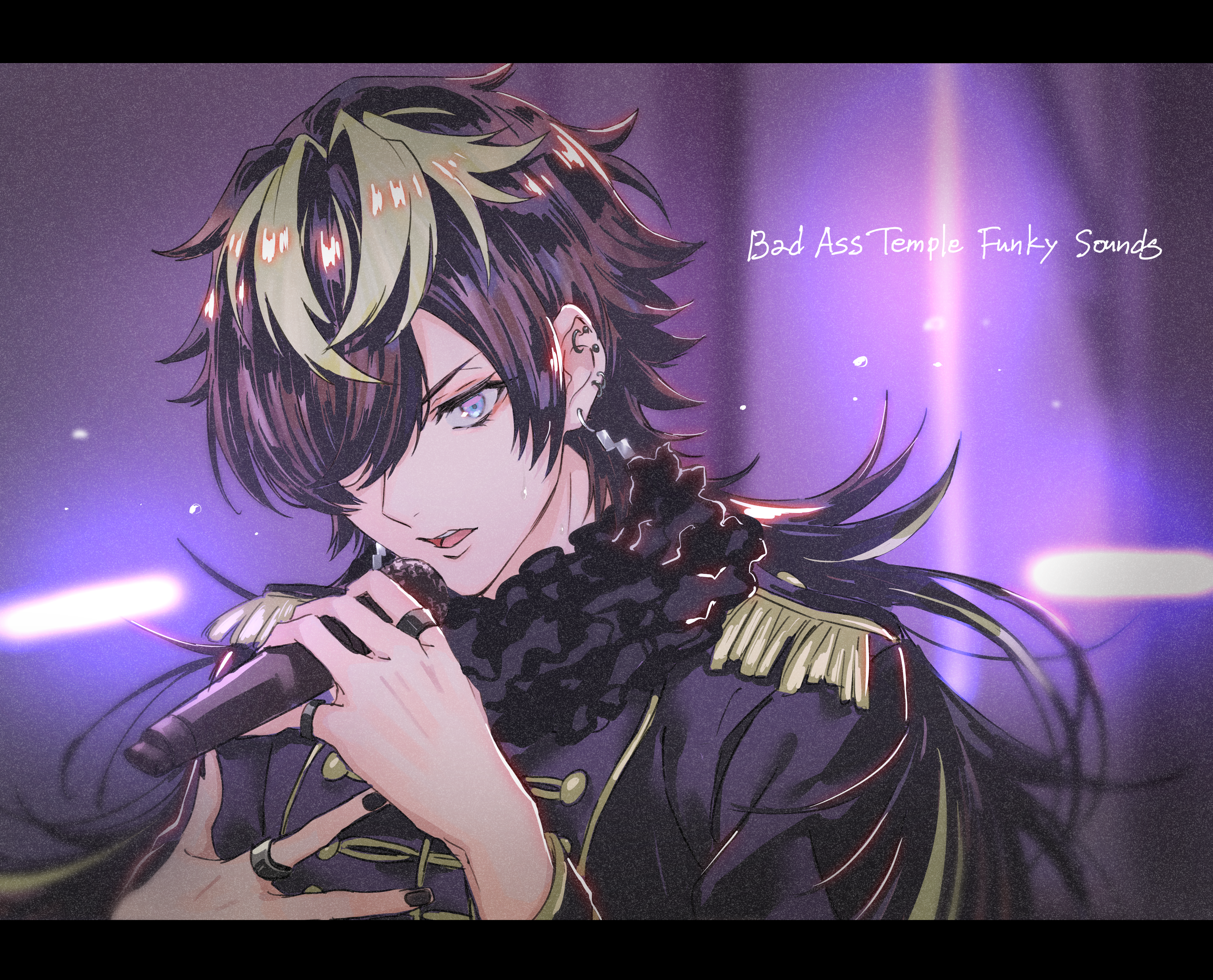 hmng, aimono jyushi, hypnosis mic, absurdres, highres, 1boy, bishounen, black hair, black jacket, black nails, blonde streaks, blue eyes, ear piercing, earrings, epaulettes, floating hair, holding, holding microphone, jacket, jewelry, long hair, looking at viewer, male focus, microphone, neck ruff, open mouth, piercing, ring, upper body, yellow trim