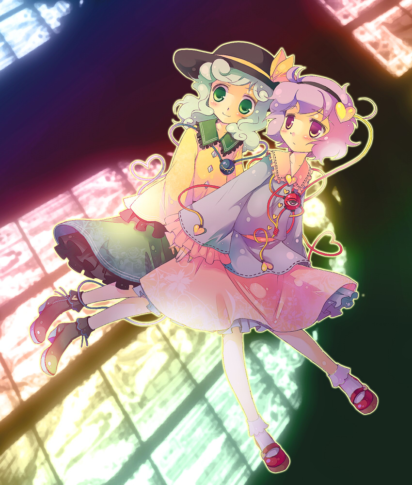 sokomushi, komeiji koishi, komeiji satori, touhou, bad id, bad pixiv id, 2girls, female focus, green eyes, green hair, hairband, hat, heart, multiple girls, pink eyes, pink hair, siblings, sisters