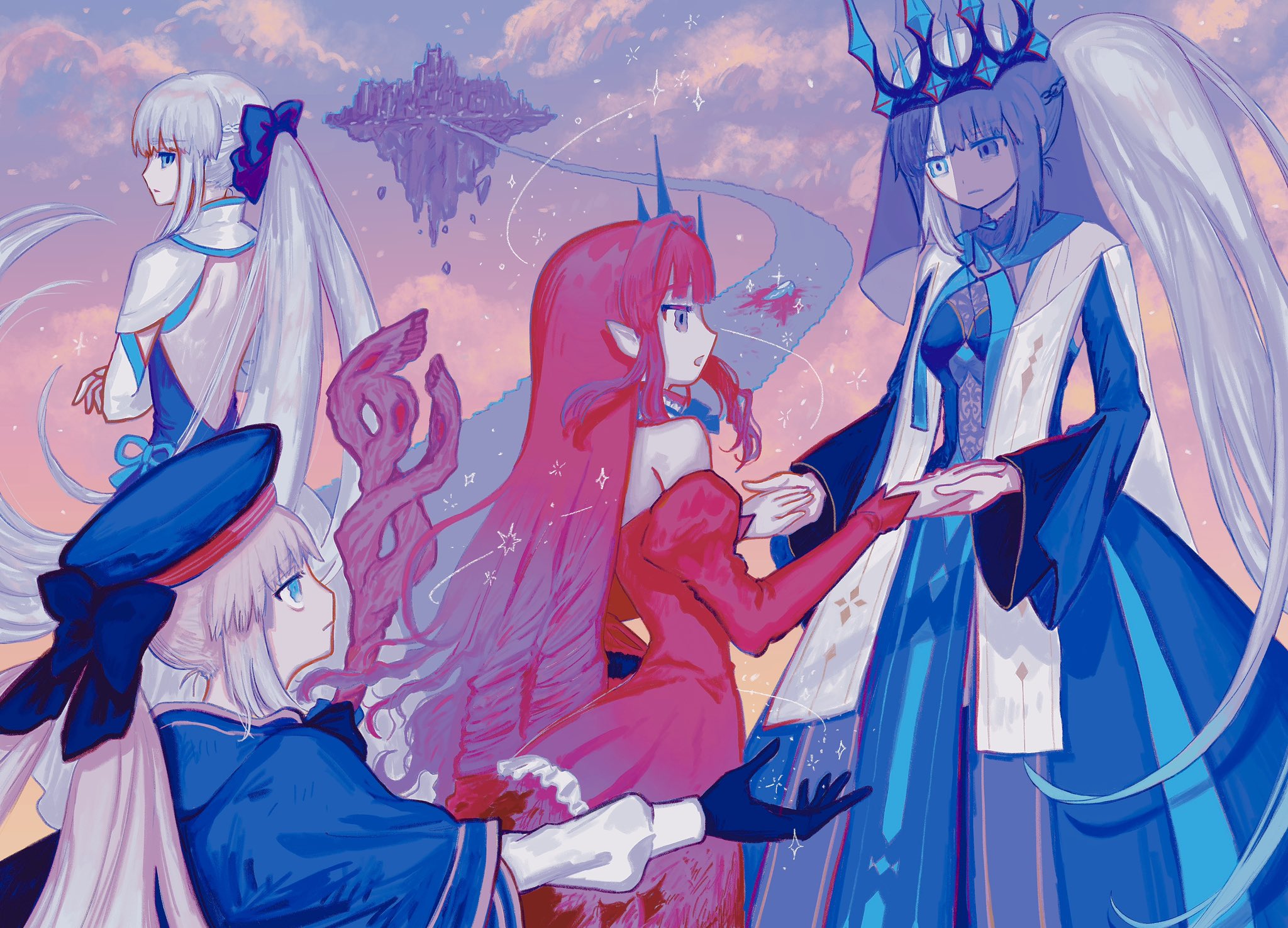 aesc (fate), baobhan sith (fate), baobhan sith (first ascension) (fate), morgan le fay (fate), morgan le fay (first ascension) (fate), morgan le fay (queen of winter) (fate), fate/grand order, fate (series), highres, 3girls, black bow, black dress, black gloves, blonde hair, blue eyes, bow, crown, detached sleeves, dress, dual persona, gloves, hair between eyes, hair bow, hat, holding, holding staff, long hair, long sleeves, looking at viewer, mado (madoromiya), mage staff, mother and daughter, multiple girls, pink hair, pointy ears, ponytail, spikes, staff, standing, two-tone dress, veil, white hair