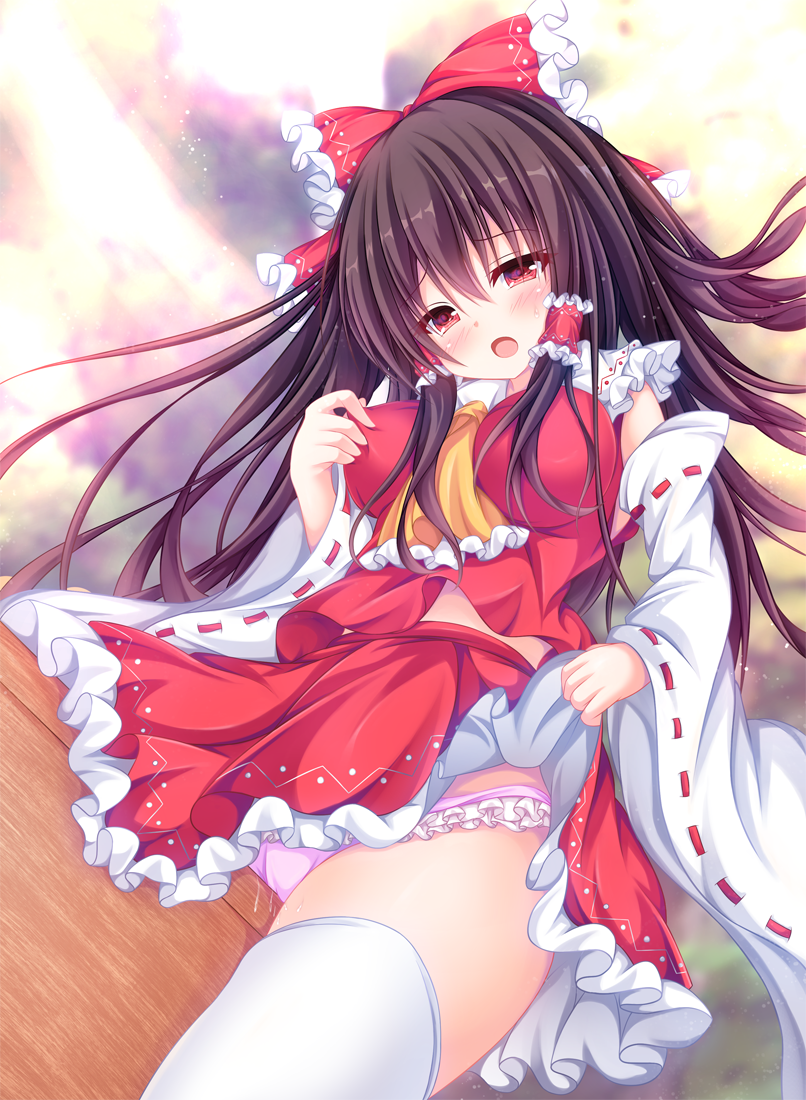 manma (manmamia), hakurei reimu, touhou, commentary request, 1girl, ascot, blush, bow, box, brown hair, crotch rub, detached sleeves, donation box, female masturbation, frilled bow, frilled hair tubes, frilled skirt, frills, hair bow, hair tubes, long hair, masturbation, nipple stimulation, open mouth, panties, pink panties, pussy juice, red bow, red eyes, red skirt, ribbon-trimmed sleeves, ribbon trim, skirt, skirt set, solo, table humping, thighhighs, underwear, very long hair, white thighhighs, yellow ascot