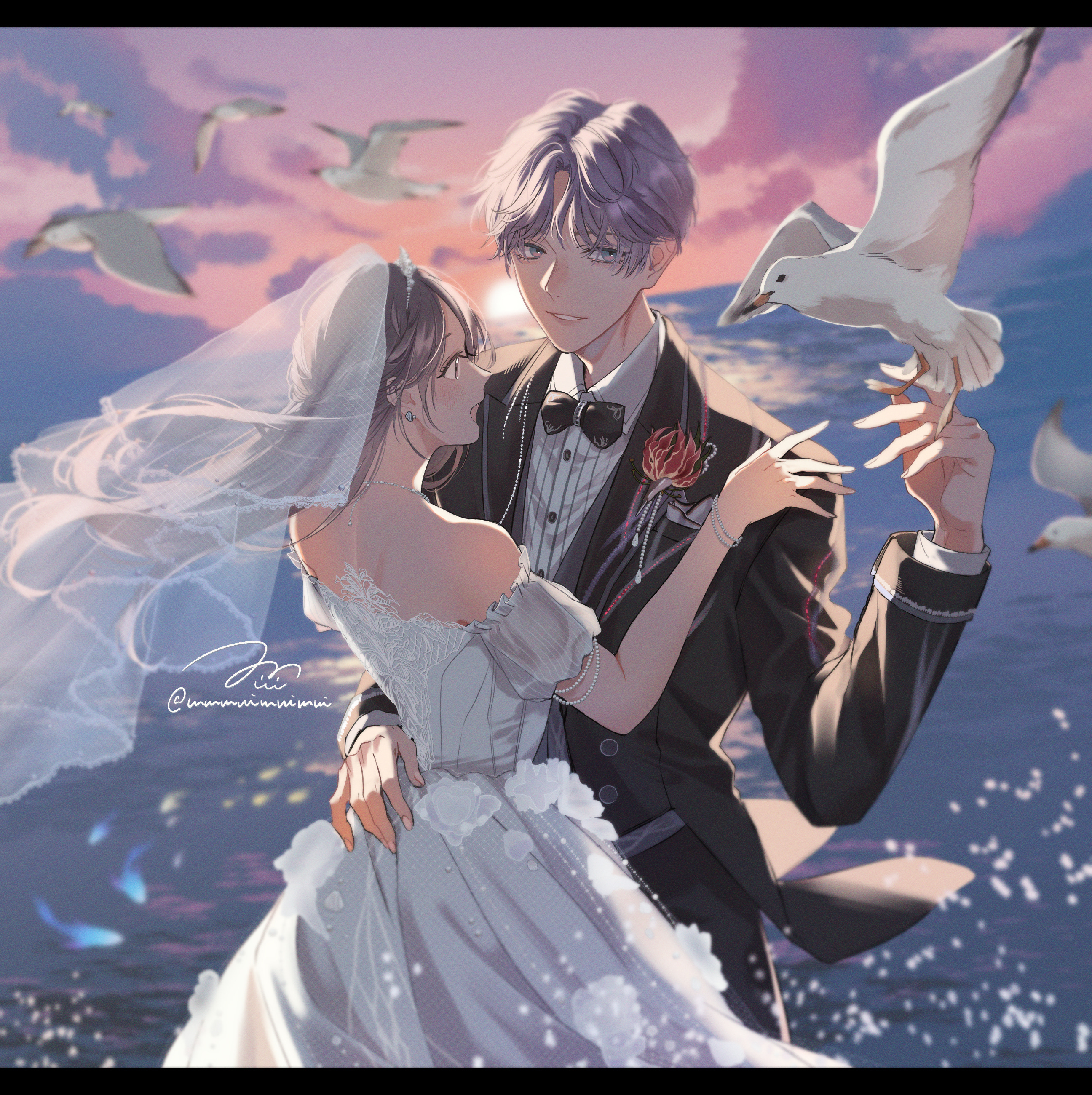 protagonist (love and deepspace), rafayel (love and deepspace), love and deepspace, absurdres, highres, 1boy, 1girl, arm around waist, bare shoulders, bird, bird on hand, black bow, black bowtie, black jacket, black suit, bow, bowtie, bracelet, bridal veil, brown hair, collared shirt, corsage, couple, cow, detached sleeves, dress, earrings, flower, formal clothes, grey vest, half updo, hetero, husband and wife, jacket, jewelry, light blush, long dress, long hair, mmmuimuimui, open mouth, parted bangs, parted lips, puffy short sleeves, puffy sleeves, purple hair, red flower, shirt, short hair, short sleeves, sign, smile, suit, suit jacket, tiara, tuxedo, twitter username, veil, vest, waistcoat, wedding dress, white shirt
