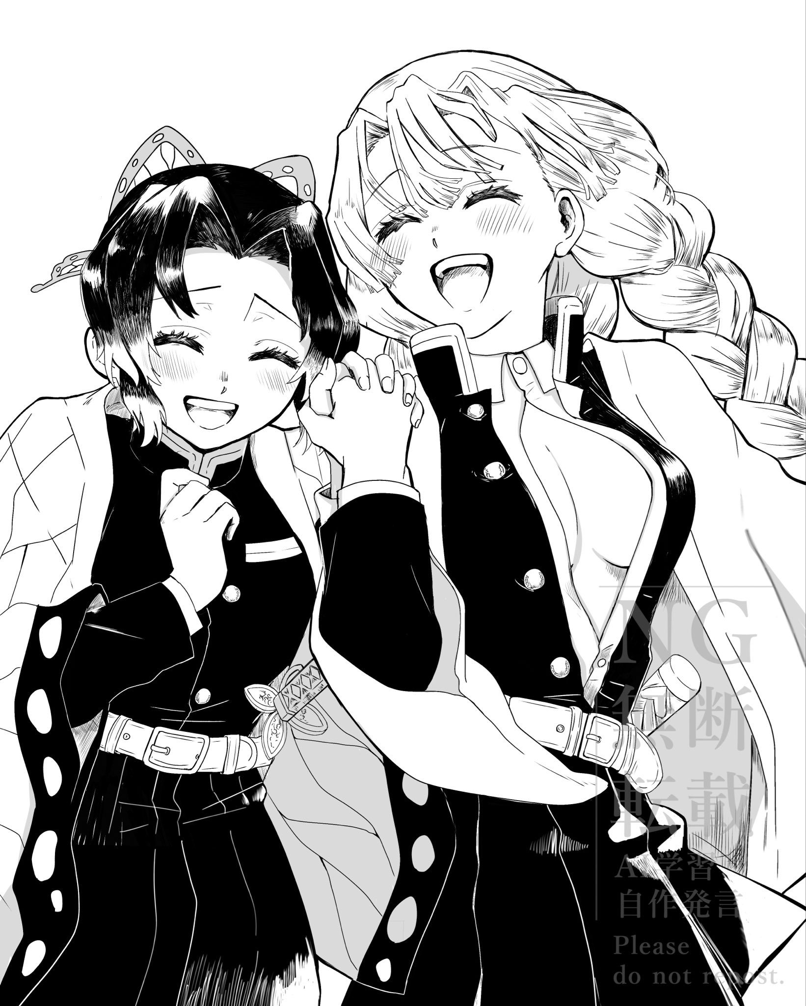kanroji mitsuri, kochou shinobu, kimetsu no yaiba, highres, 2girls, animal print, belt, black hair, black jacket, black pants, black skirt, blush, braid, breasts, butterfly hair ornament, butterfly print, butterfly print haori, cleavage, closed eyes, demon slayer uniform, greyscale, hair between eyes, hair ornament, half updo, holding hands, interlocked fingers, jacket, laughing, long hair, medium breasts, medium hair, monochrome, multiple braids, multiple girls, natsuno mae, open clothes, open mouth, open shirt, pants, parted bangs, sidelocks, skirt, smile, sword, weapon, white background, white belt