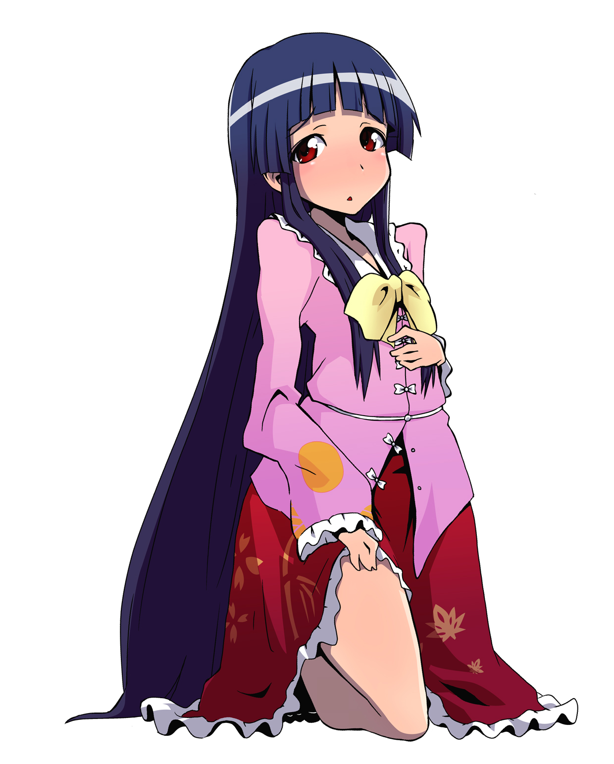 ueno, houraisan kaguya, touhou, bad id, bad pixiv id, highres, 1girl, black hair, female focus, full body, kneeling, legs, long hair, red eyes, simple background, solo, white background