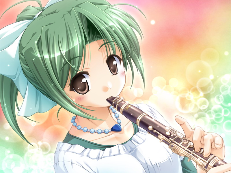 bekkankou, tooyama midori, yoake mae yori ruri iro na, brown eyes, clarinet, green hair, instrument, jewelry, necklace, ponytail