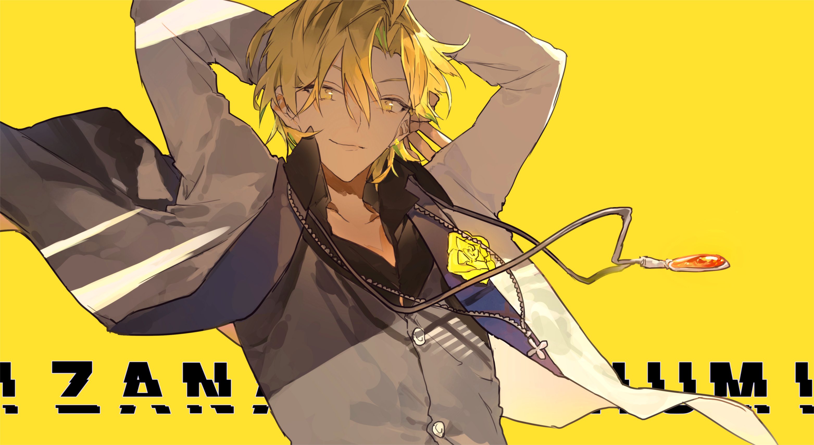 socha (sotyahamu), izanami hifumi, hypnosis mic, highres, 1boy, arms behind head, bishounen, black shirt, blonde hair, cross, cross necklace, floating clothes, floating hair, flower, gem, grey jacket, grey vest, hair intakes, jacket, jewelry, looking at viewer, male focus, necklace, pendant, red gemstone, rose, shirt, smile, upper body, vest, yellow background, yellow eyes, yellow flower, yellow rose