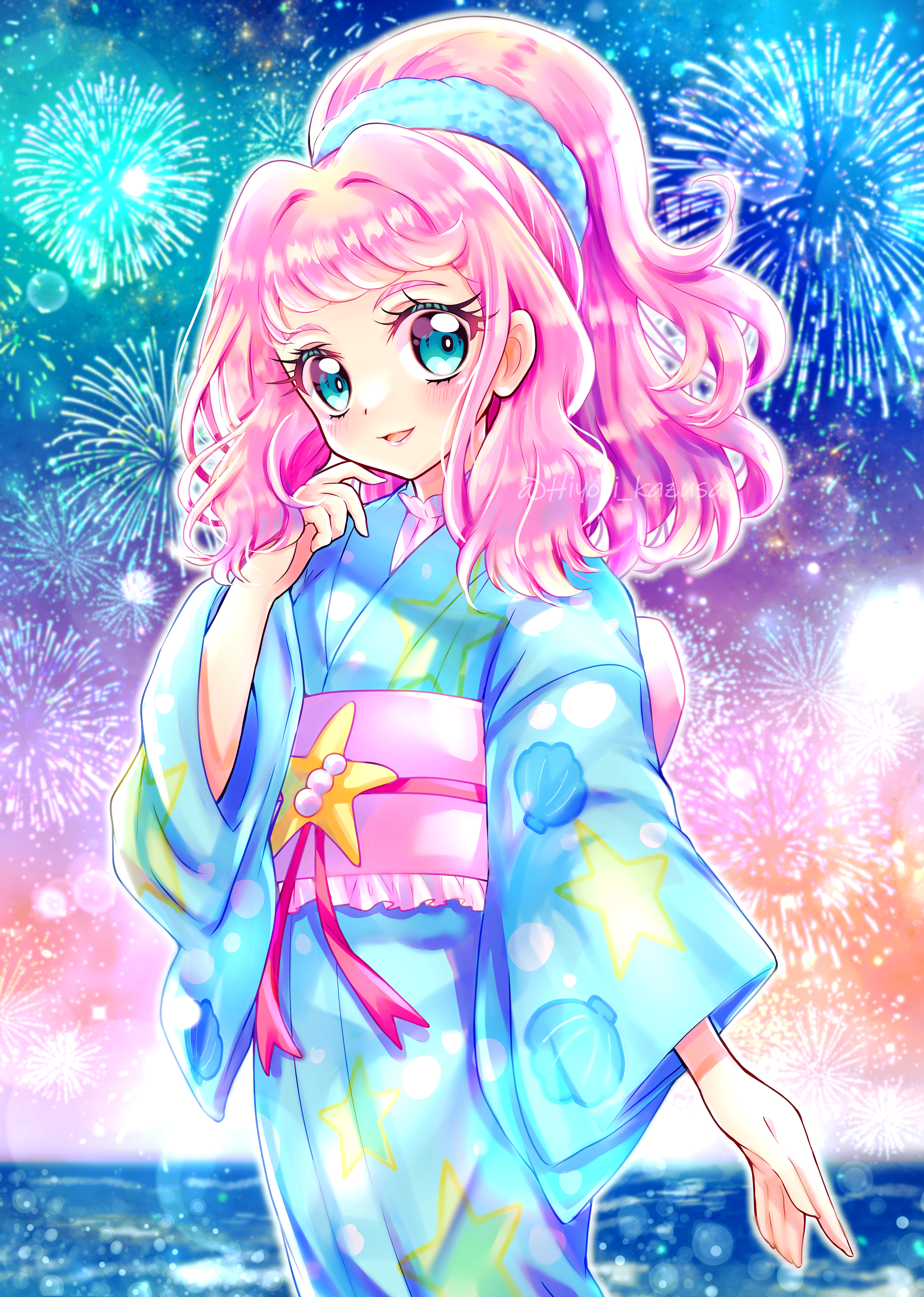 kazusa hiyori, laura la mer, precure, tropical-rouge! precure, absurdres, highres, 1girl, aerial fireworks, aqua eyes, aqua kimono, fireworks, japanese clothes, kimono, light blush, long hair, long sleeves, looking at viewer, looking back, one-hour drawing challenge, open mouth, outdoors, pink hair, ponytail, smile, solo, twitter username, very long hair, wide sleeves