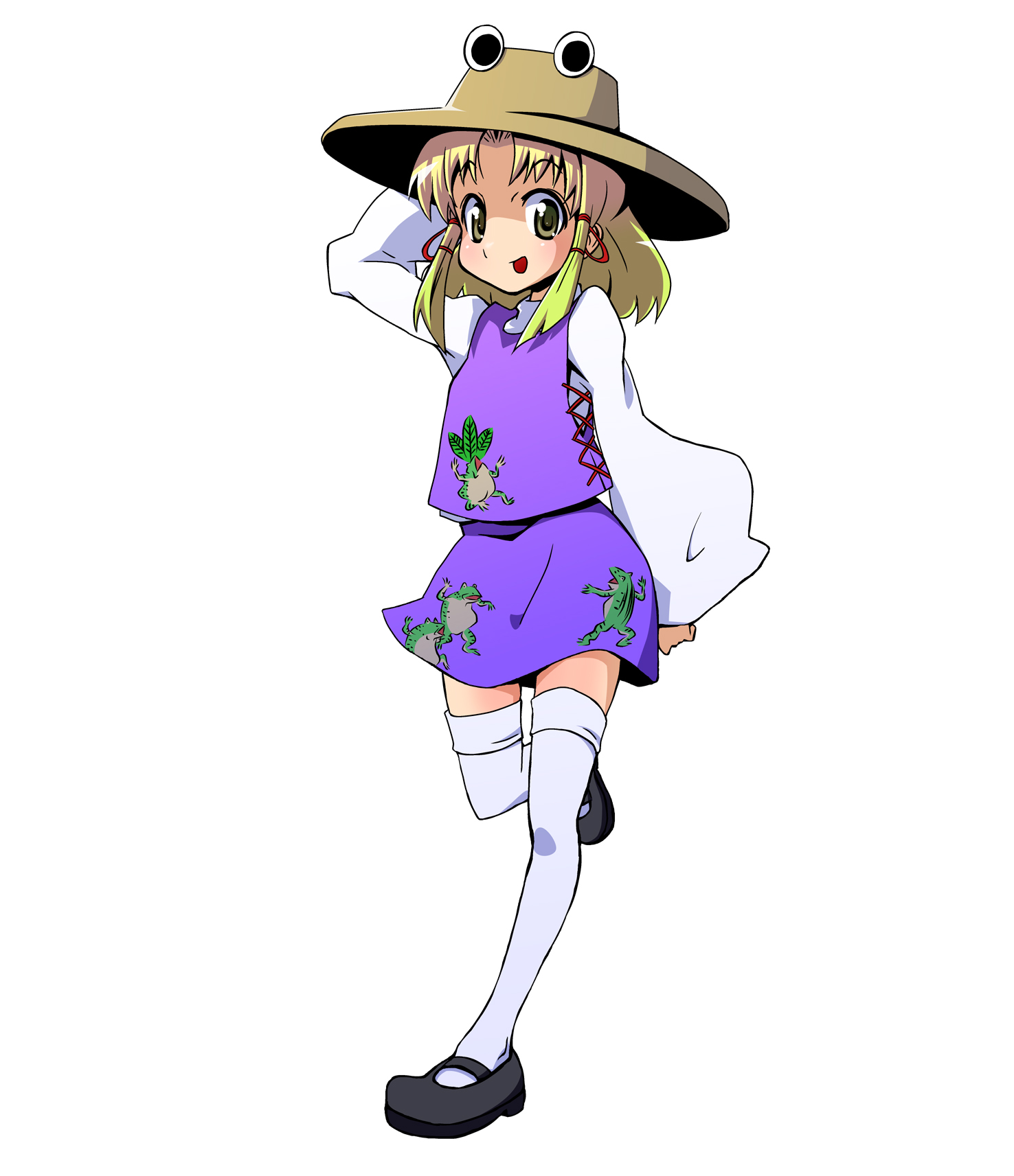 ueno, moriya suwako, touhou, bad id, bad pixiv id, highres, 1girl, :p, blonde hair, female focus, full body, hat, short hair, simple background, skirt, solo, thighhighs, tongue, tongue out, white background, yellow eyes