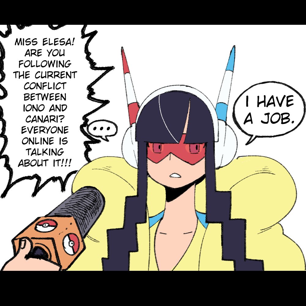 wanderjegson, elesa (pokemon), nintendo, pokemon, pokemon bw2, …, 1girl, 1other, black hair, blunt bangs, coat, collarbone, english text, glasses, headphones, holding, holding microphone, long hair, looking at viewer, microphone, open mouth, sidelocks, solo focus, speech bubble, upper body, yellow coat